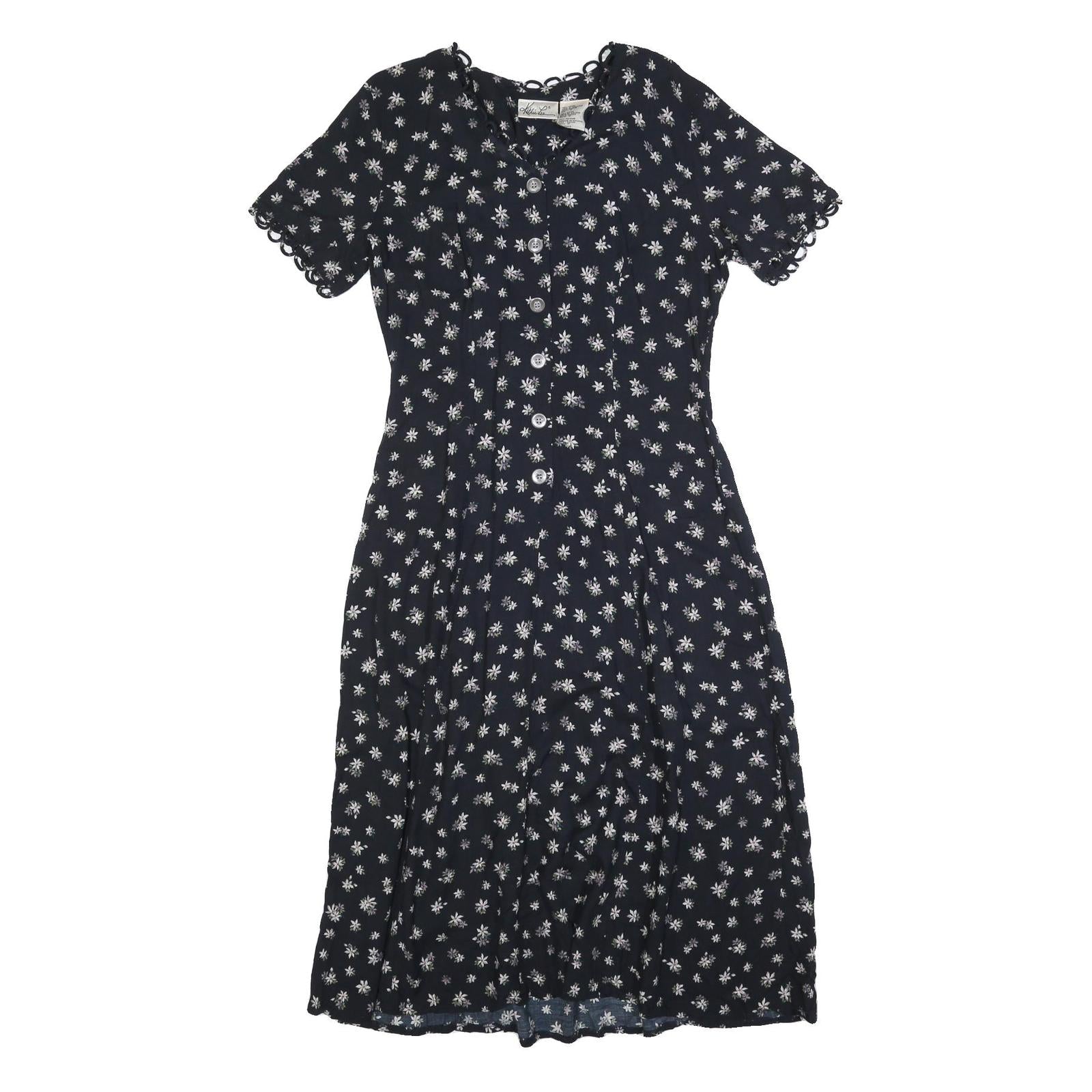 KATHIE LEO Womens Black Floral Cotton Blend Day Dress Midi M Button Front Refurbished - N/A refurbished available on Cerqular
