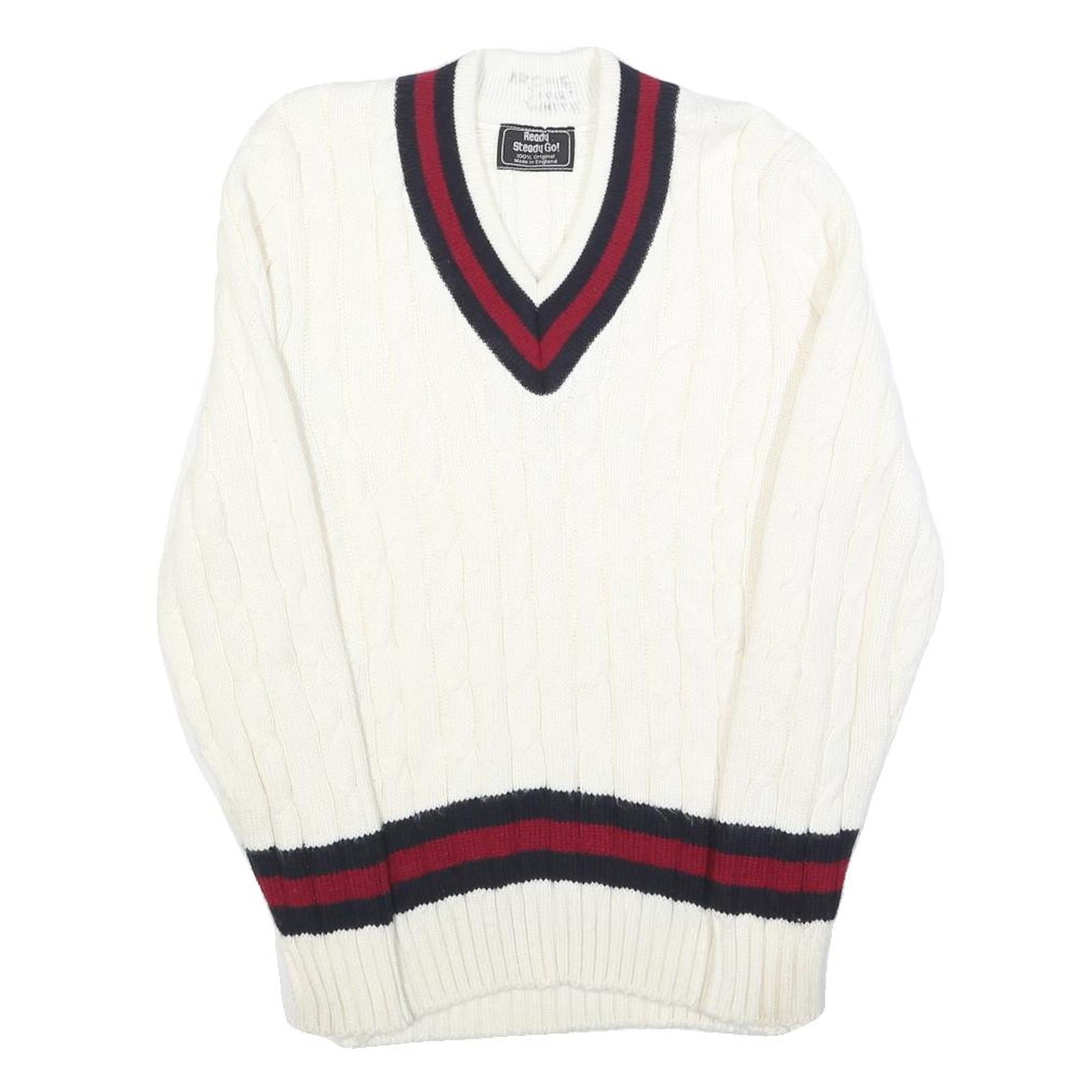 REDAY STEADY GO Womens White Navy & Red Patterned Jumper V-Neck Cable Knit S Refurbished - N/A refurbished available on Cerqular