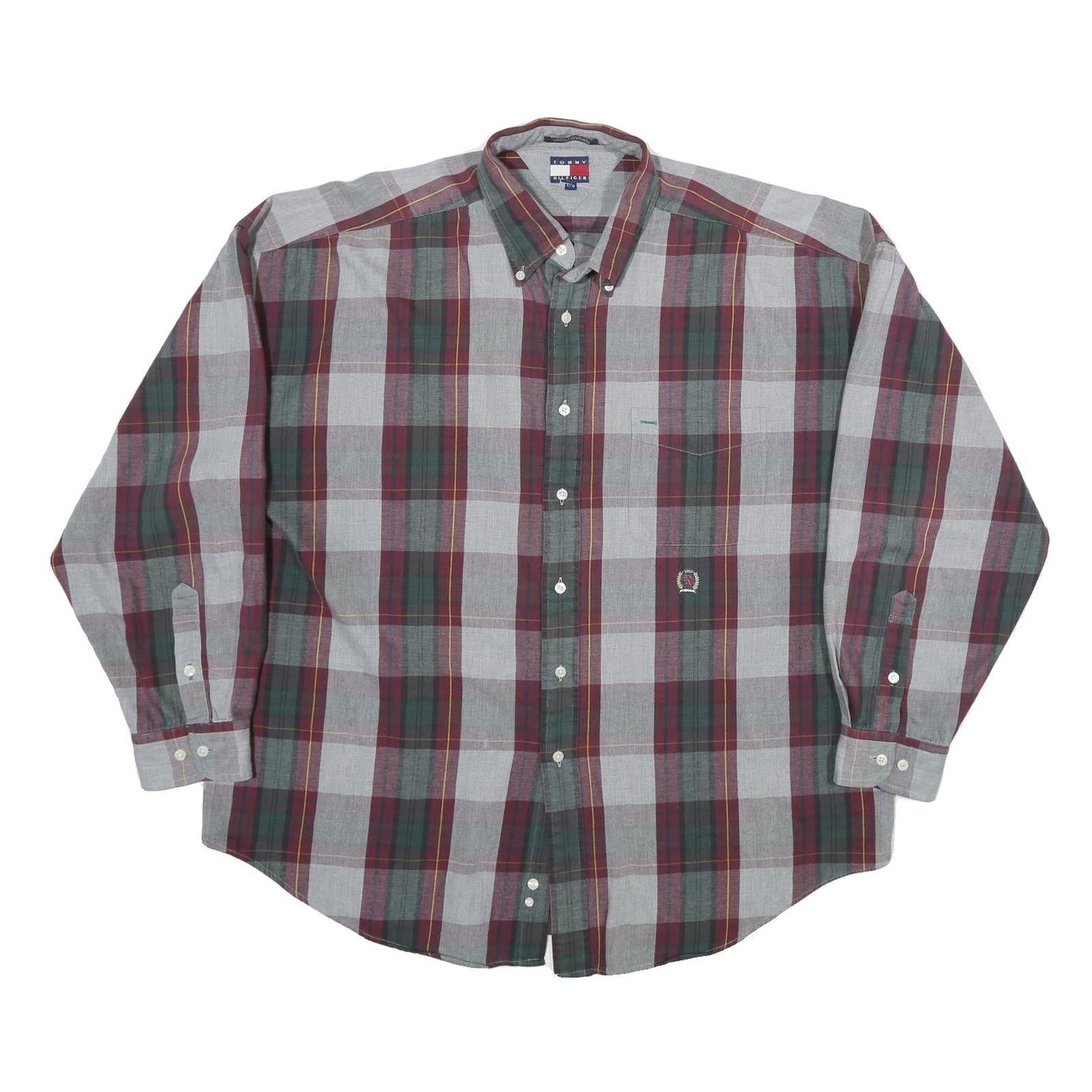 TOMMY HILFIGER Mens Grey & Maroon Check Shirt L Button Down Casual Cotton Refurbished - N/A refurbished available on Cerqular