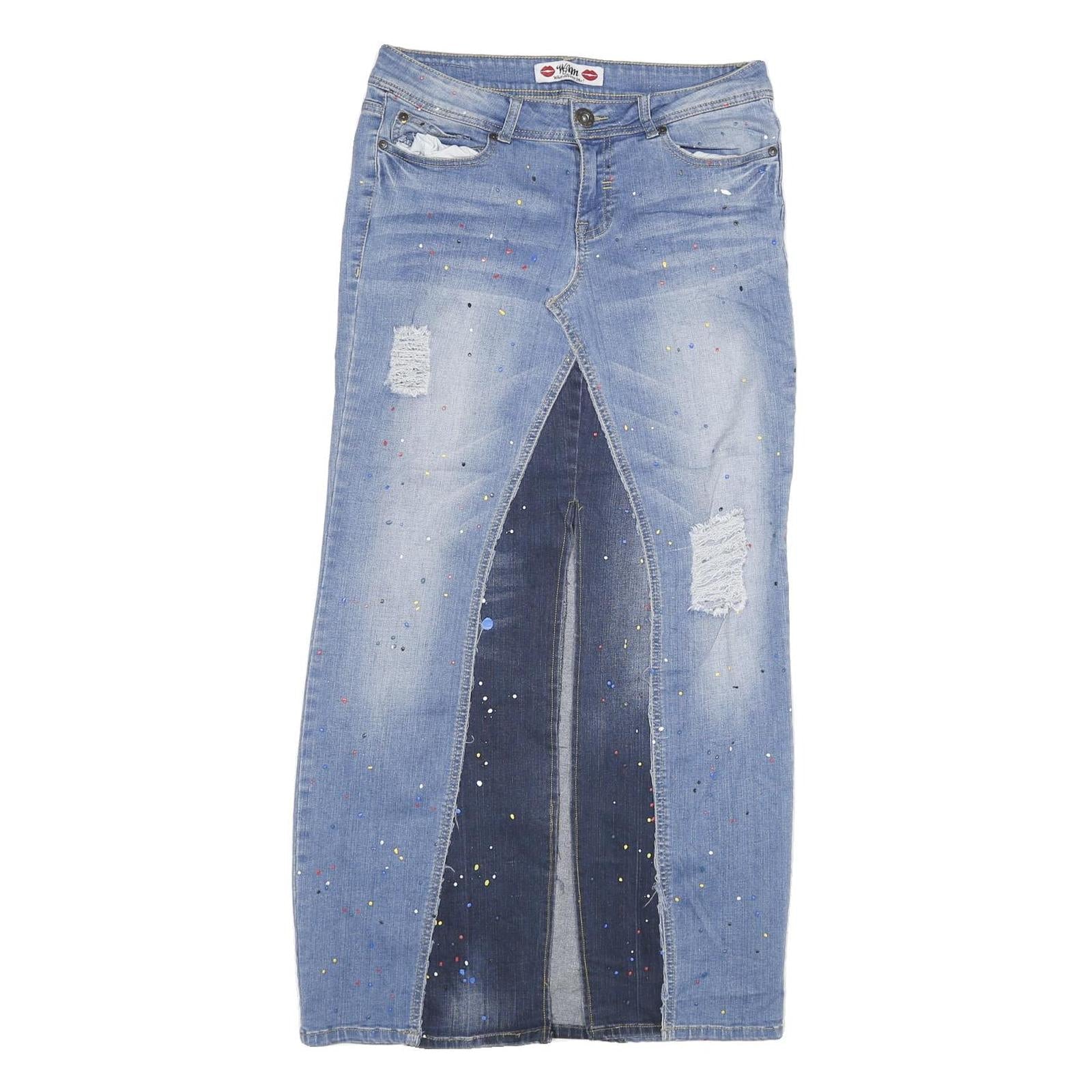 WAM Womens Blue Denim Paint Splatter Midi Skirt XL Distressed Casual Refurbished - N/A refurbished available on Cerqular