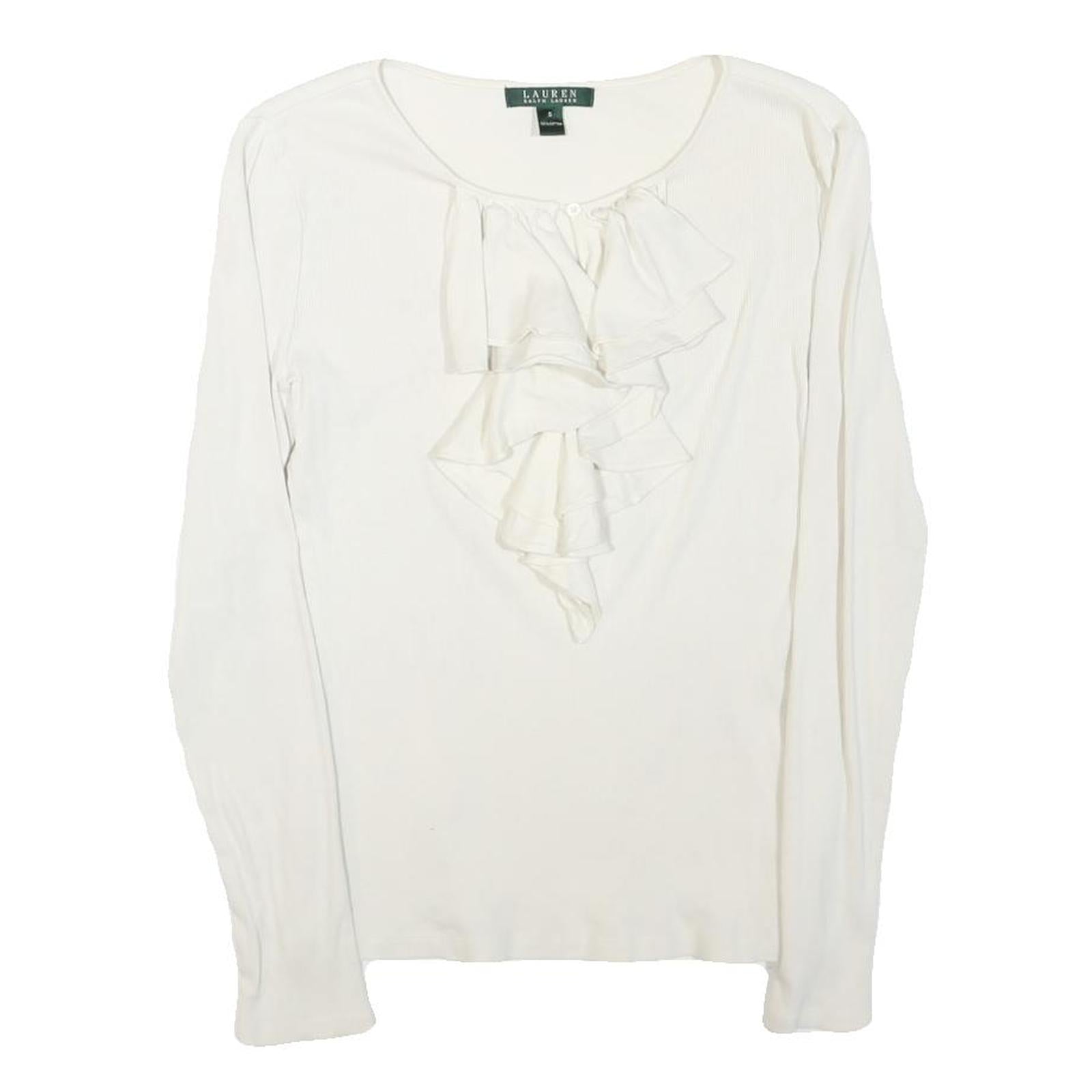LAUREN RALPH LAUREN Womens White Ruffle Front Cotton Blend Long Sleeve Round Refurbished - N/A refurbished available on Cerqular