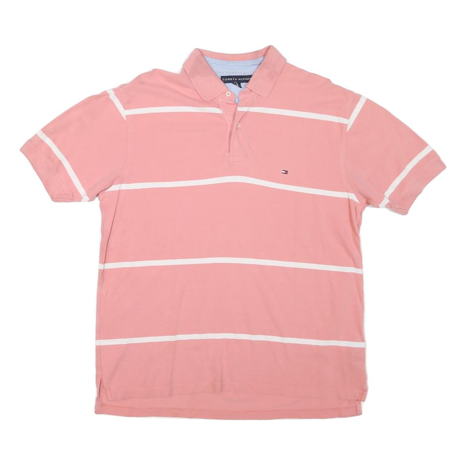 TOMMY HILFIGER Mens Pink & White Stripe Short Sleeve Polo Shirt L Classic Refurbished - N/A refurbished available on Cerqular
