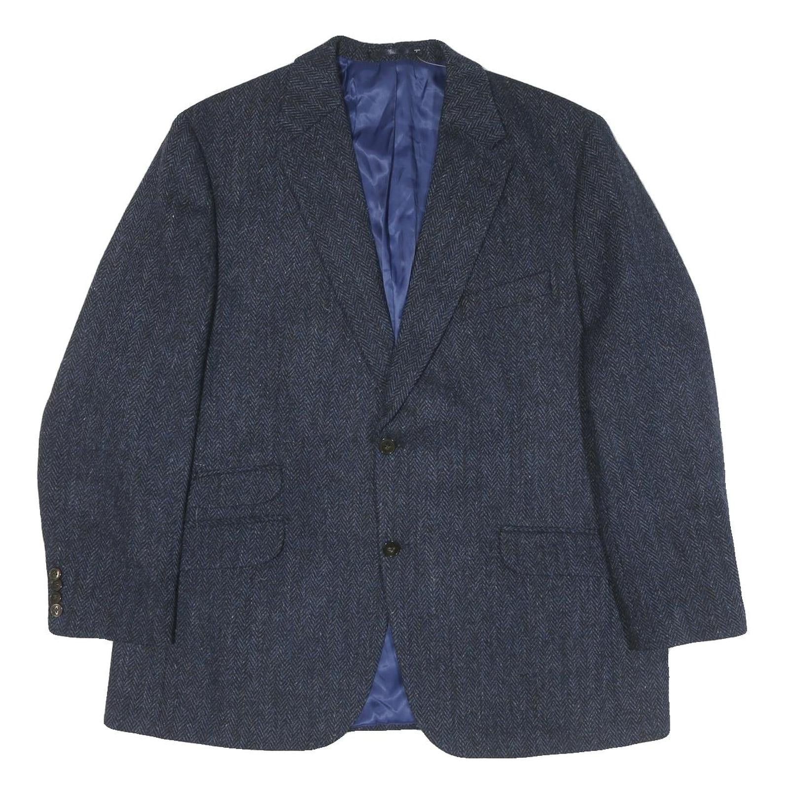 WELLINGTON Mens Blue Wool Button Jacket L Herringbone Classic Tailored Refurbished - N/A refurbished available on Cerqular