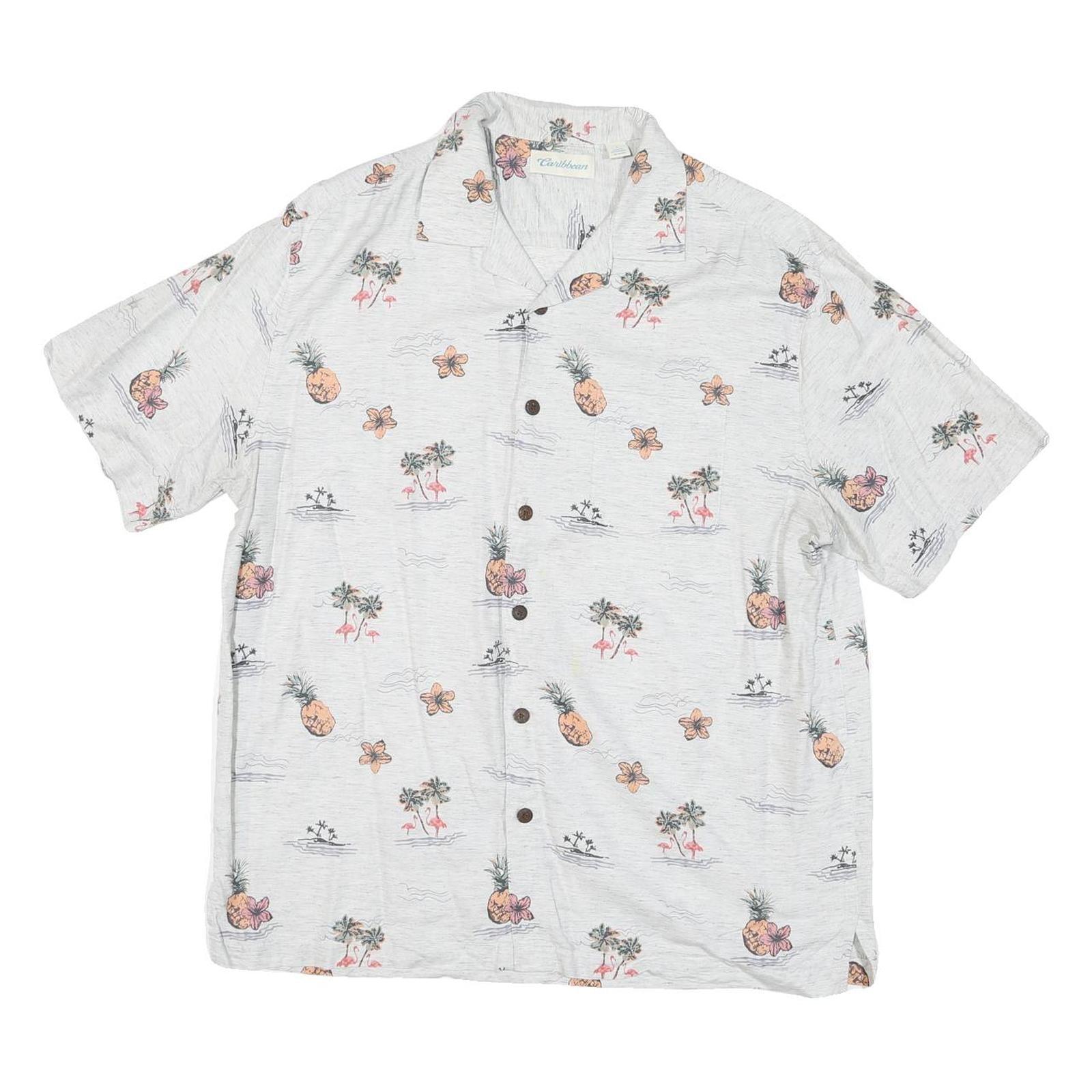 CARIBEAN Mens White Cotton Blend Short Sleeve Shirt L Tropical Print Summer Refurbished - N/A refurbished available on Cerqular