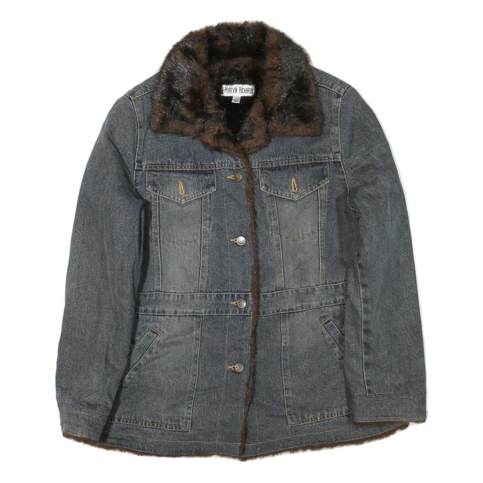MARVIN RICHARDS Womens Blue Denim Jacket L Cotton Blend Button Faux Fur Collar Refurbished - N/A refurbished available on Cerqular