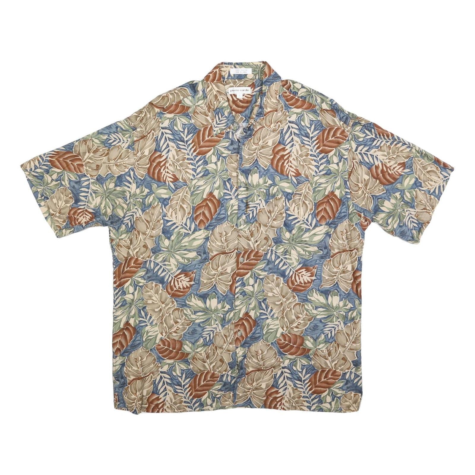 PIERRE CARDIN Mens Beige & Blue Leaf Print Shirt L Rayon Short Sleeve Casual Refurbished - N/A refurbished available on Cerqular