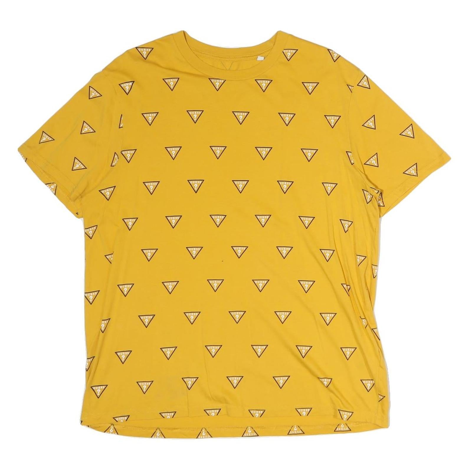 GUESS Mens Yellow Cotton Graphic T-Shirt XL Short Sleeve Crew Neck Logo All Over Refurbished - N/A refurbished available on Cerqular