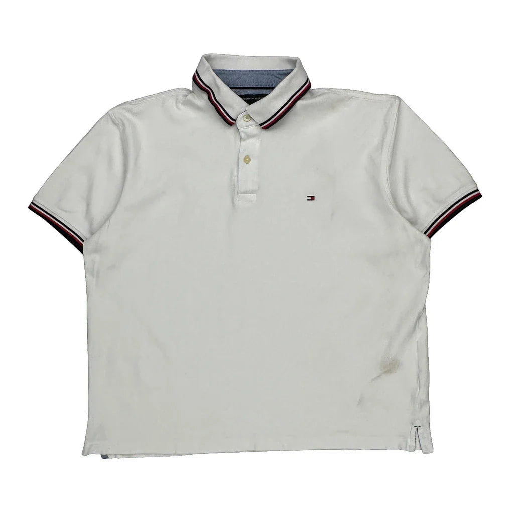 Tommy Hilfiger Polo Shirt - Large White Cotton Refurbished - Thrifted (note: this is a term often used to describe second- refurbished available on Cerqular