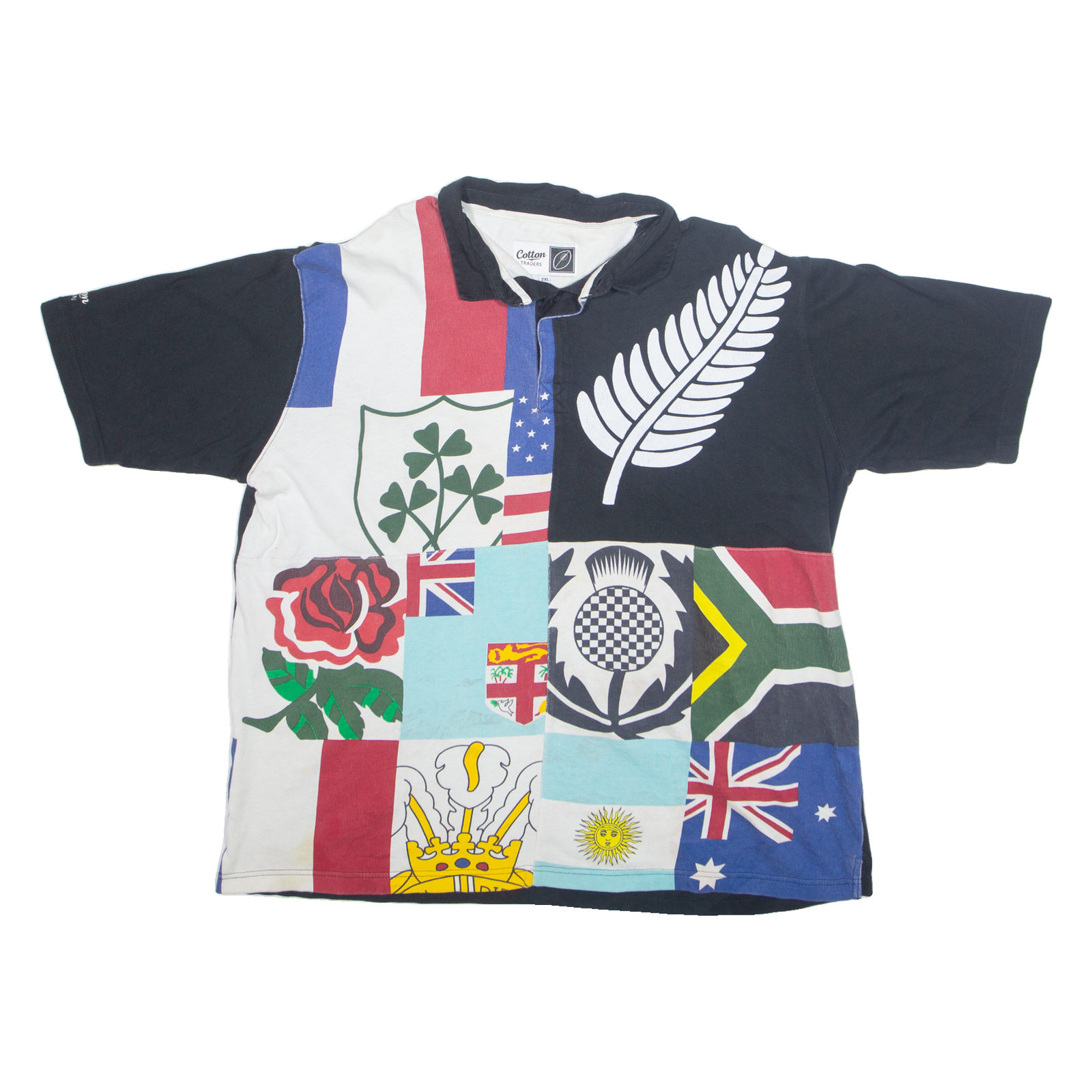 COTTON TRADERS RUGBY Mens Polo Shirt Black 90s Crazy Pattern 2XL Refurbished - N/A refurbished available on Cerqular