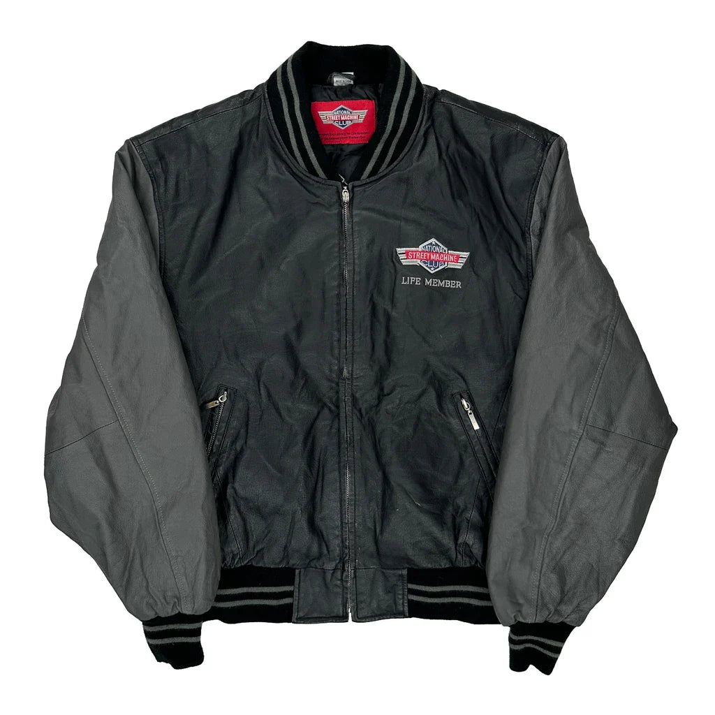 Street Machine Graphic Bomber Jacket - Medium Black Polyester Refurbished - Thrifted (note: this is a term often used to describe second- refurbished available on Cerqular
