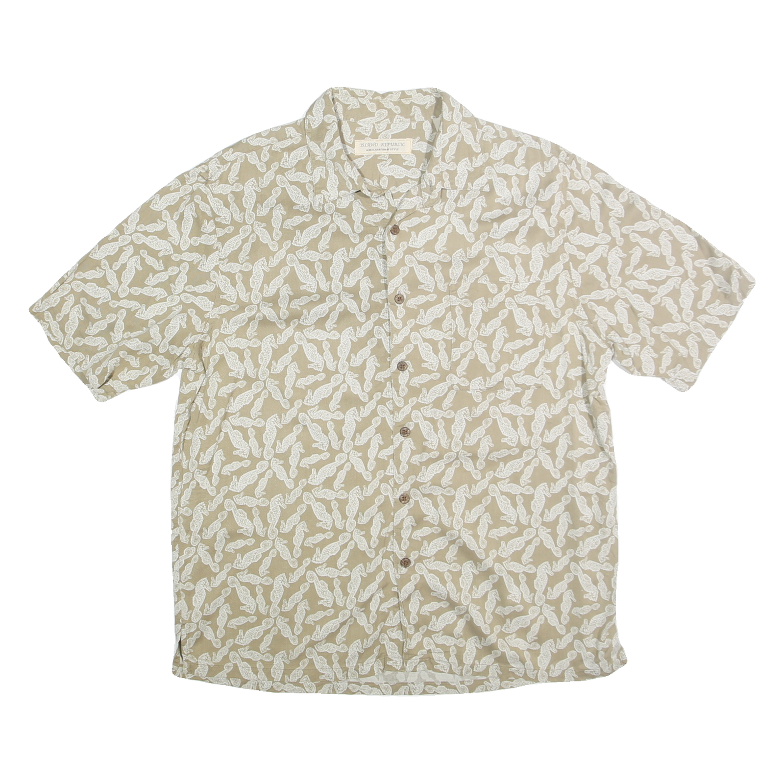 ISLAND REPUBLIC Mens Beige & White Silk Shirt L Printed Button Down Casual Refurbished - N/A refurbished available on Cerqular