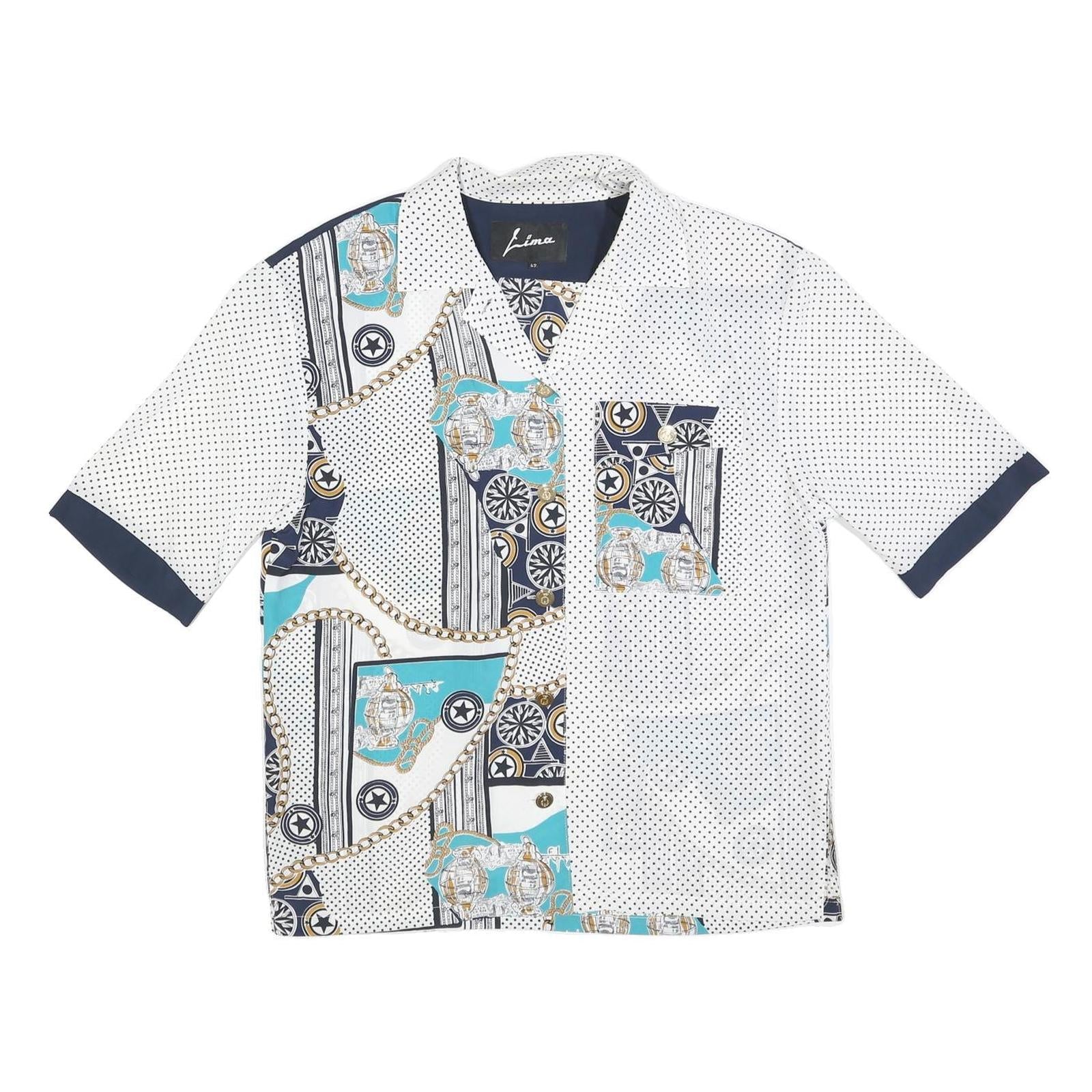 LIMA Womens White & Navy Printed Short Sleeve Collared Shirt L Silk Feel Refurbished - N/A refurbished available on Cerqular