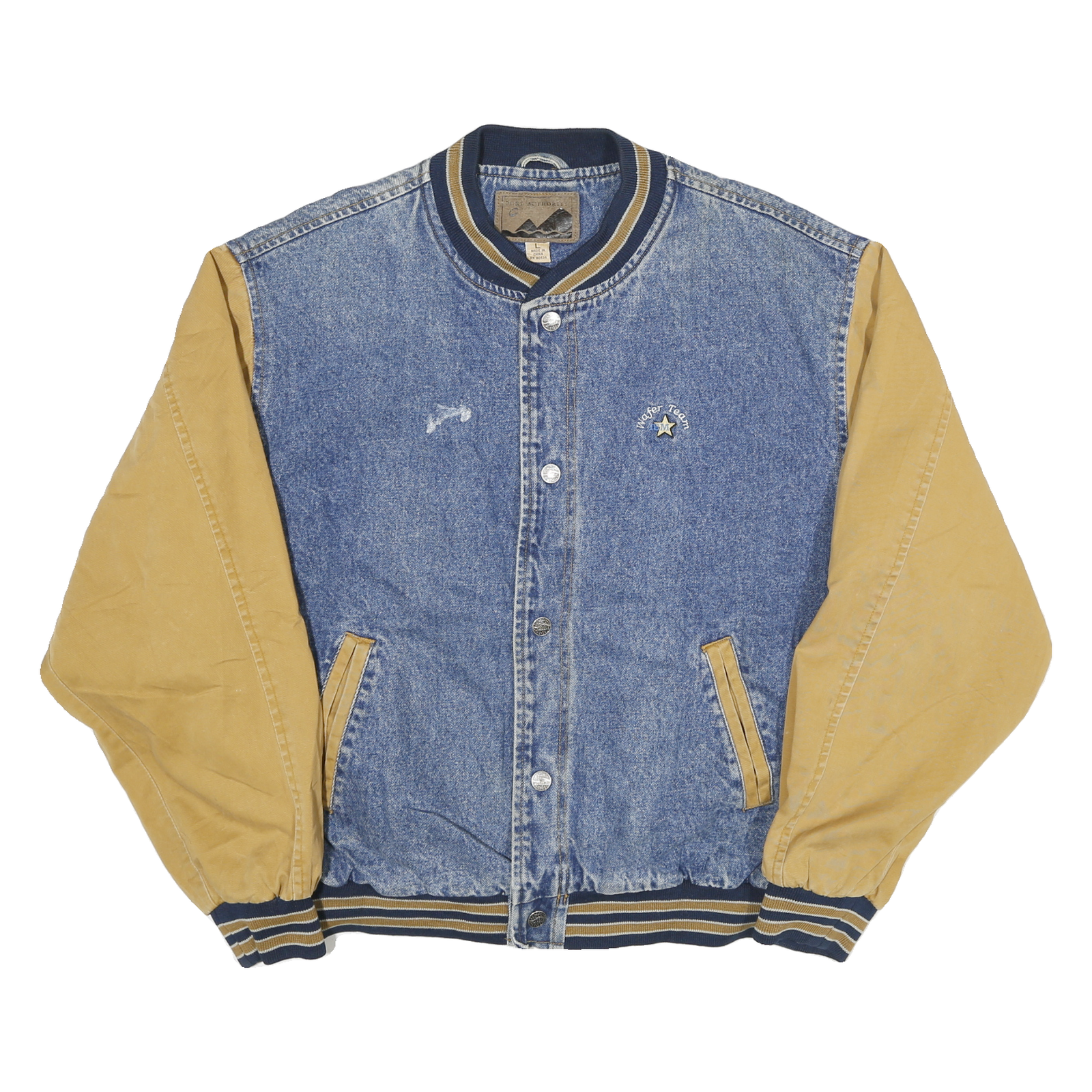 Buy PORT AUTHORITY Mens Blue & Beige Denim Cotton Varsity Jacket L Zip Casual Retro Refurbished - $41.59 PORT AUTHORITY Mens Blue & Beige Denim Cotton Varsity Jacket L Zip Casual Retro Refurbished - N/A refurbished available on Cerqular