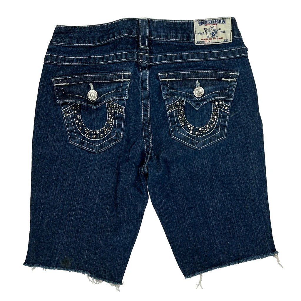 True Religion Studded Denim Shorts - 28W UK 6 Dark Wash Denim Refurbished - Thrifted (note: this is a term often used to describe second- refurbished available on Cerqular