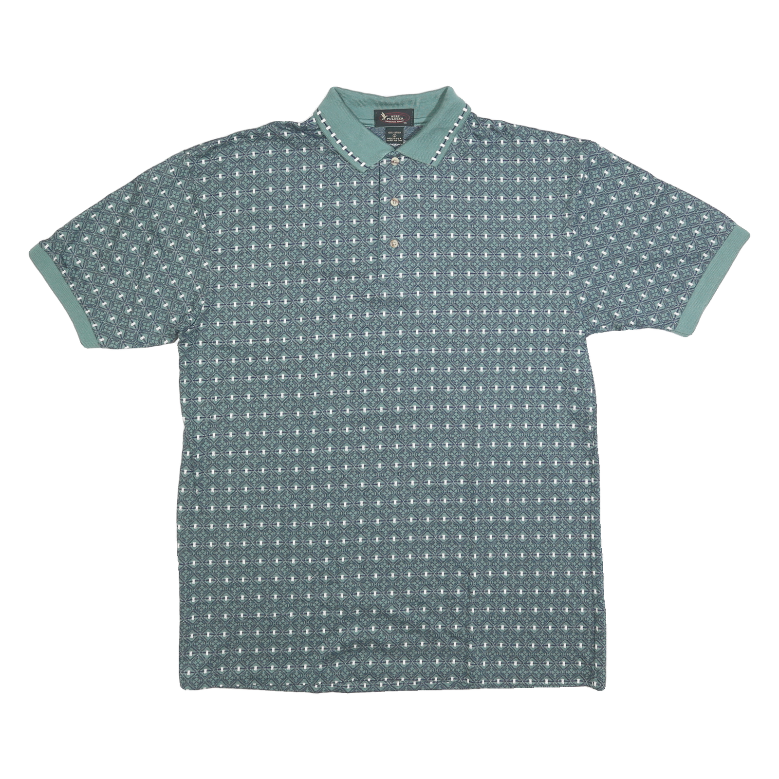 BERT PULTIZER Mens Green & White Patterned Short Sleeve Polo Shirt L Cotton Refurbished - N/A refurbished available on Cerqular