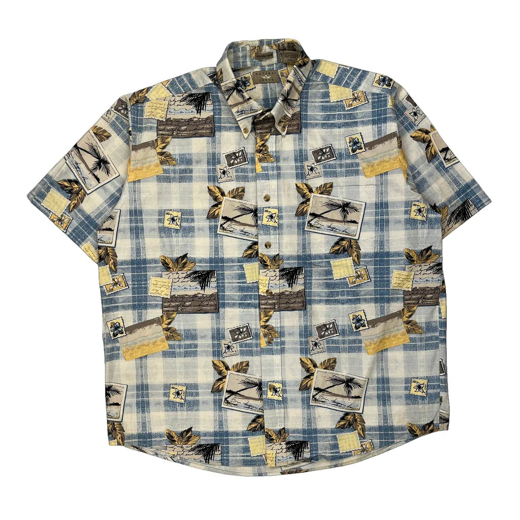 Natural Issue Checked Hawaiian Shirt - Large Blue Cotton Refurbished - Thrifted (note: this is a term often used to describe second- refurbished available on Cerqular