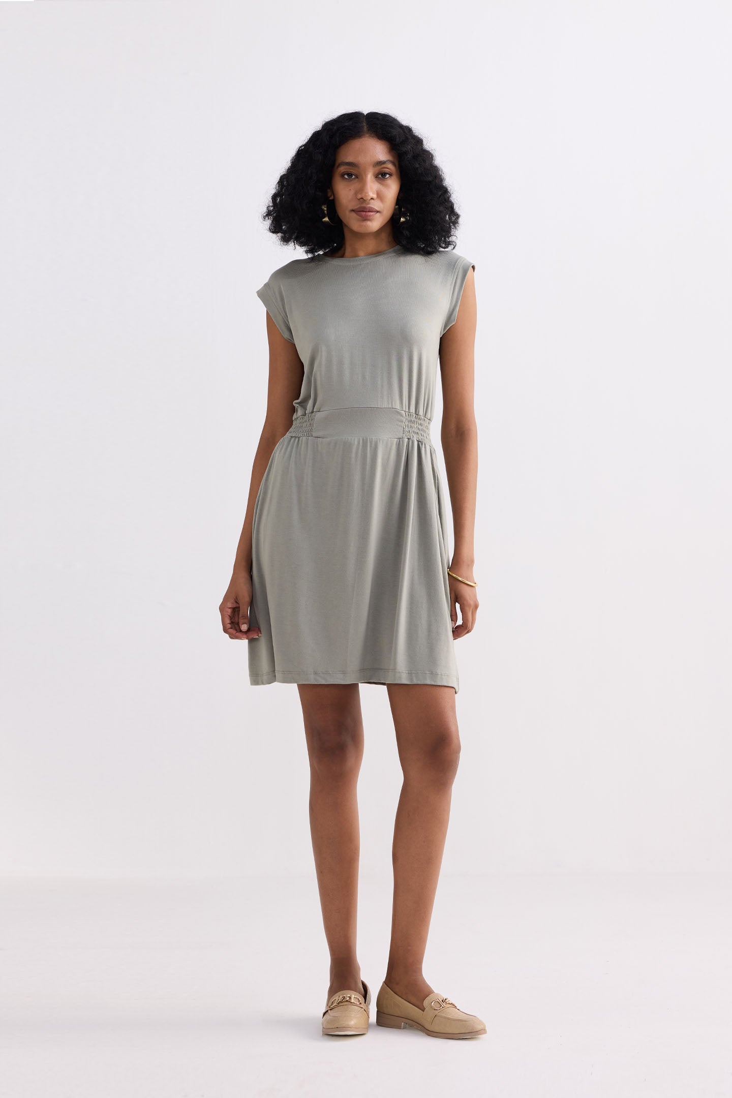Short Dress With Smocking Side Detail in Light Olive | Color: Frost & Mist | Size: XL Refurbished - Resistor (Note: This is a generic term for an electronic component, refurbished available on Cerqular