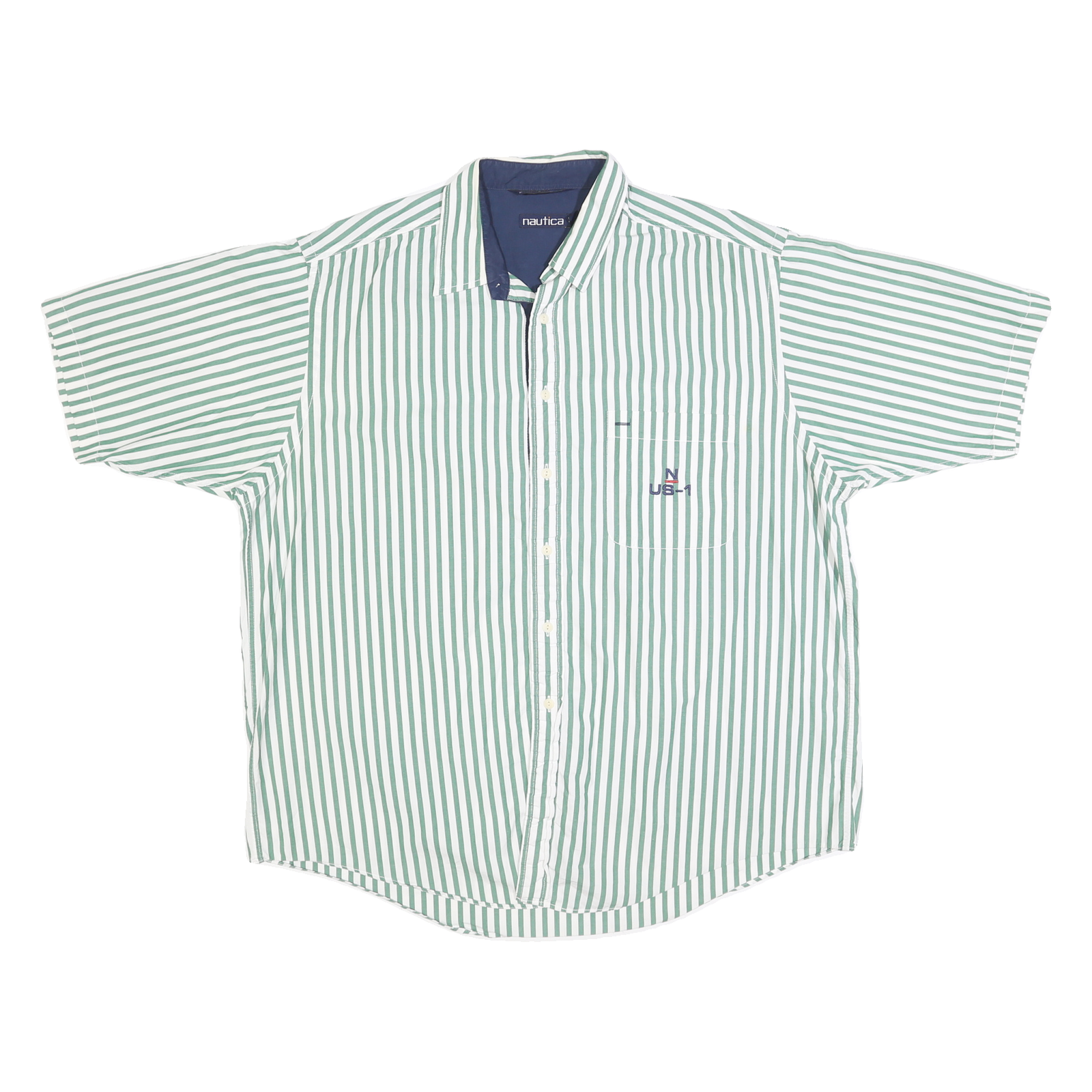 NAUTICA Mens Green & White Striped Shirt XL Cotton Casual Short Sleeve Refurbished - N/A refurbished available on Cerqular