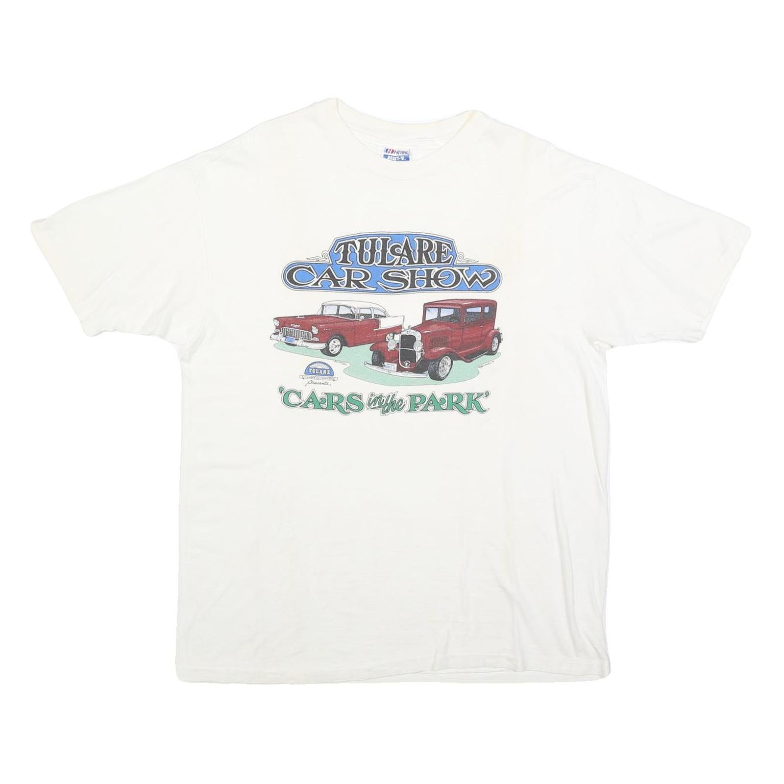 HANES Mens White Tulare Car Show Graphic T-Shirt XL Short Sleeve Crew Neck Refurbished - N/A refurbished available on Cerqular