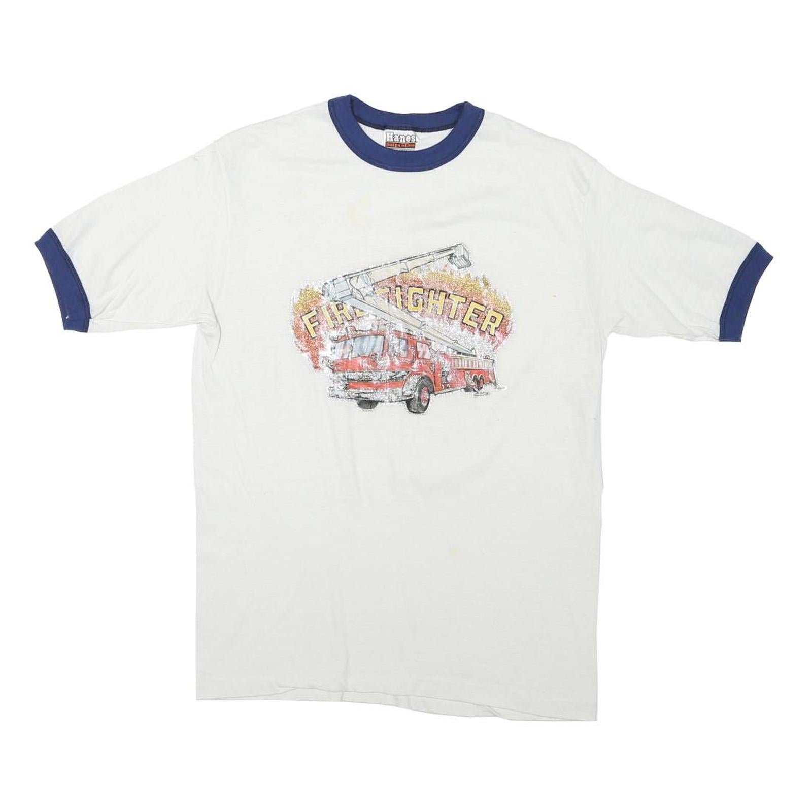 HANES Mens White & Blue Firefighter Graphic T-Shirt M Short Sleeve Crew Neck Refurbished - N/A refurbished available on Cerqular