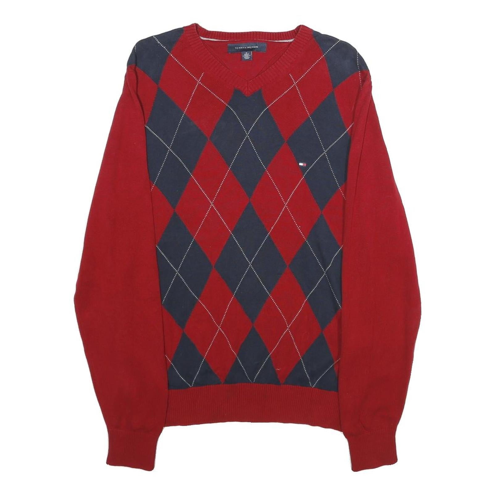 TOMMY HILFIGER Mens Red & Navy Patterned Pullover Argyle V-Neck Basic Knit M Refurbished - N/A refurbished available on Cerqular