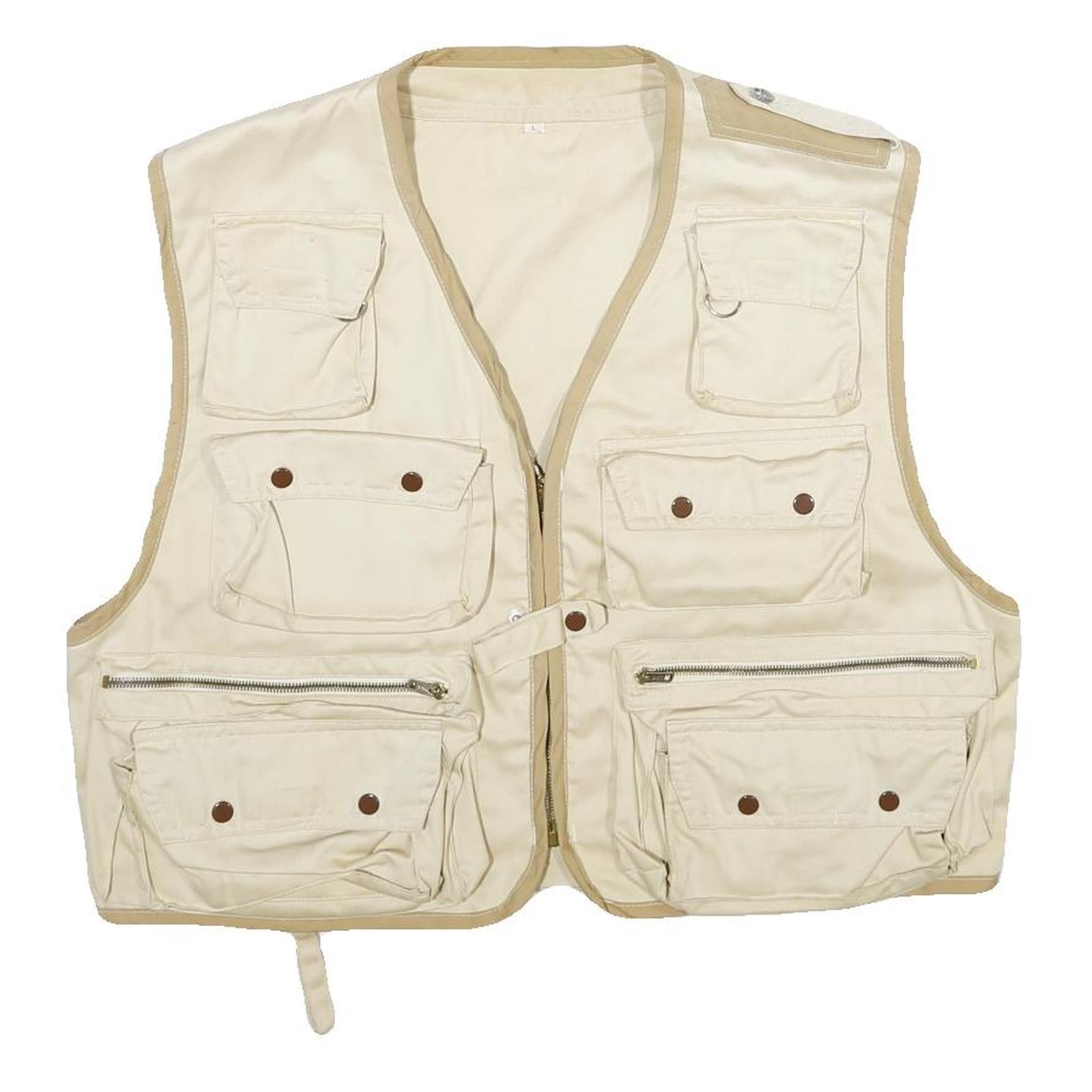 Mens Beige & Cream Cotton Blend Zip Jacket L Multi Pocket Outdoor Utility Vest Refurbished - N/A refurbished available on Cerqular