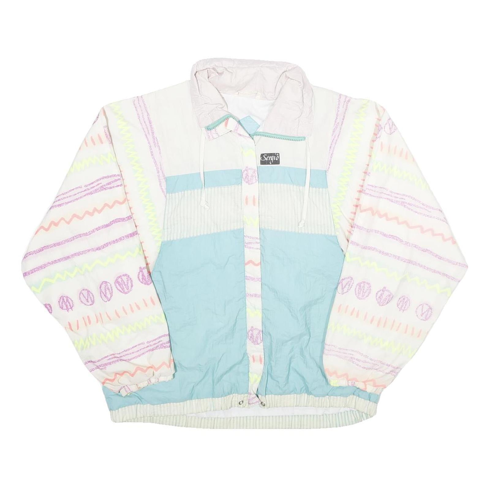 SERGIO VALENTE Womens White & Blue Retro Nylon Zip Jacket M Lightweight Refurbished - N/A refurbished available on Cerqular
