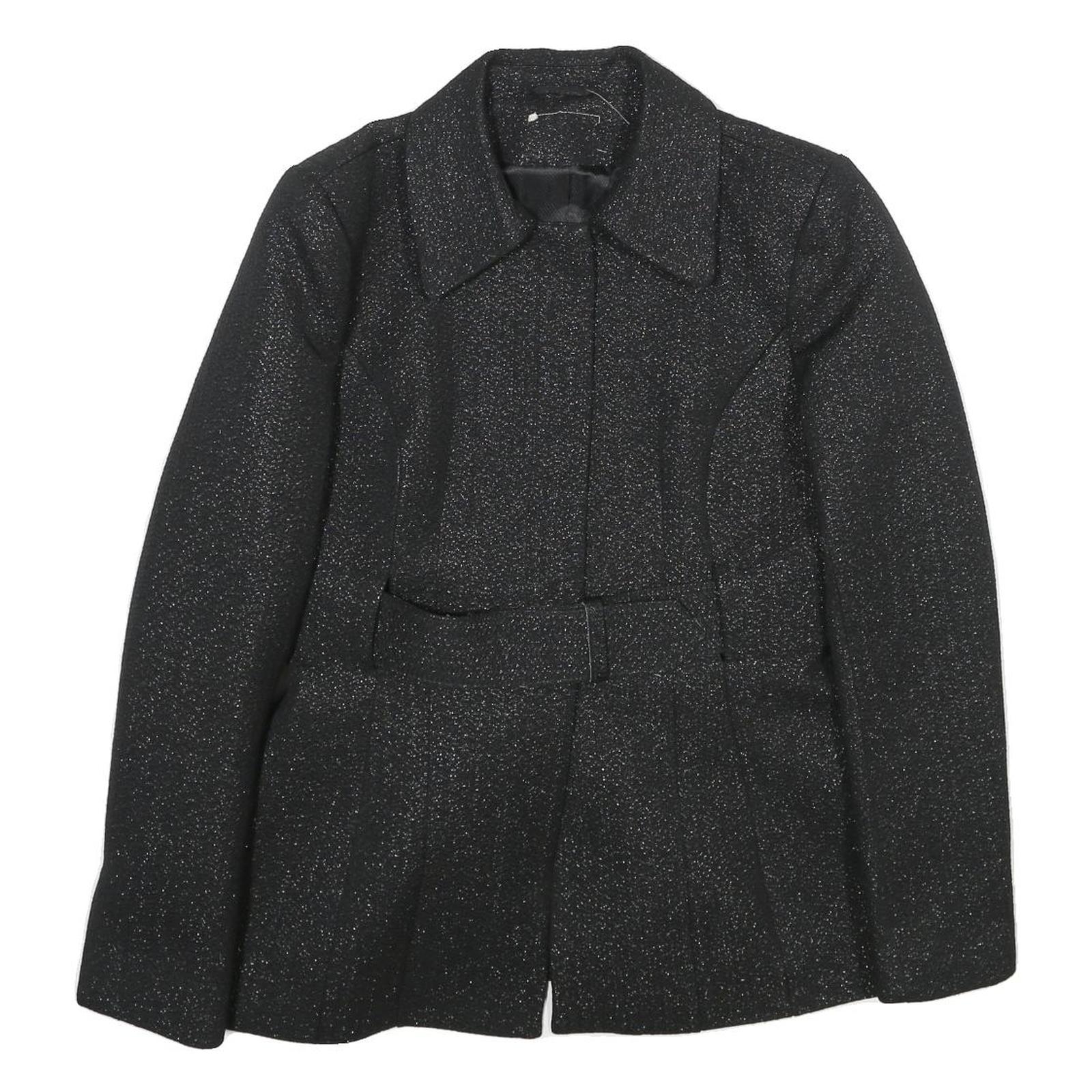 Womens Black Glitter Button Jacket M Woven Plain Adjustable Waist Belt Refurbished - N/A refurbished available on Cerqular