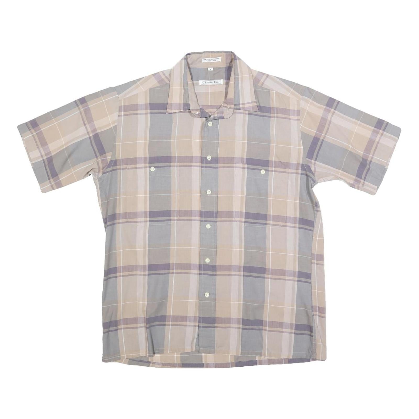 CHRISTIAN DIOR Mens Beige & Grey Check Shirt M Cotton Blend Short Sleeve Button Refurbished - N/A refurbished available on Cerqular