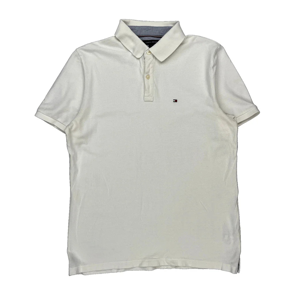 Tommy Hilfiger Polo Shirt - Large White Cotton Refurbished - Thrifted (note: this is a term often used to describe second- refurbished available on Cerqular