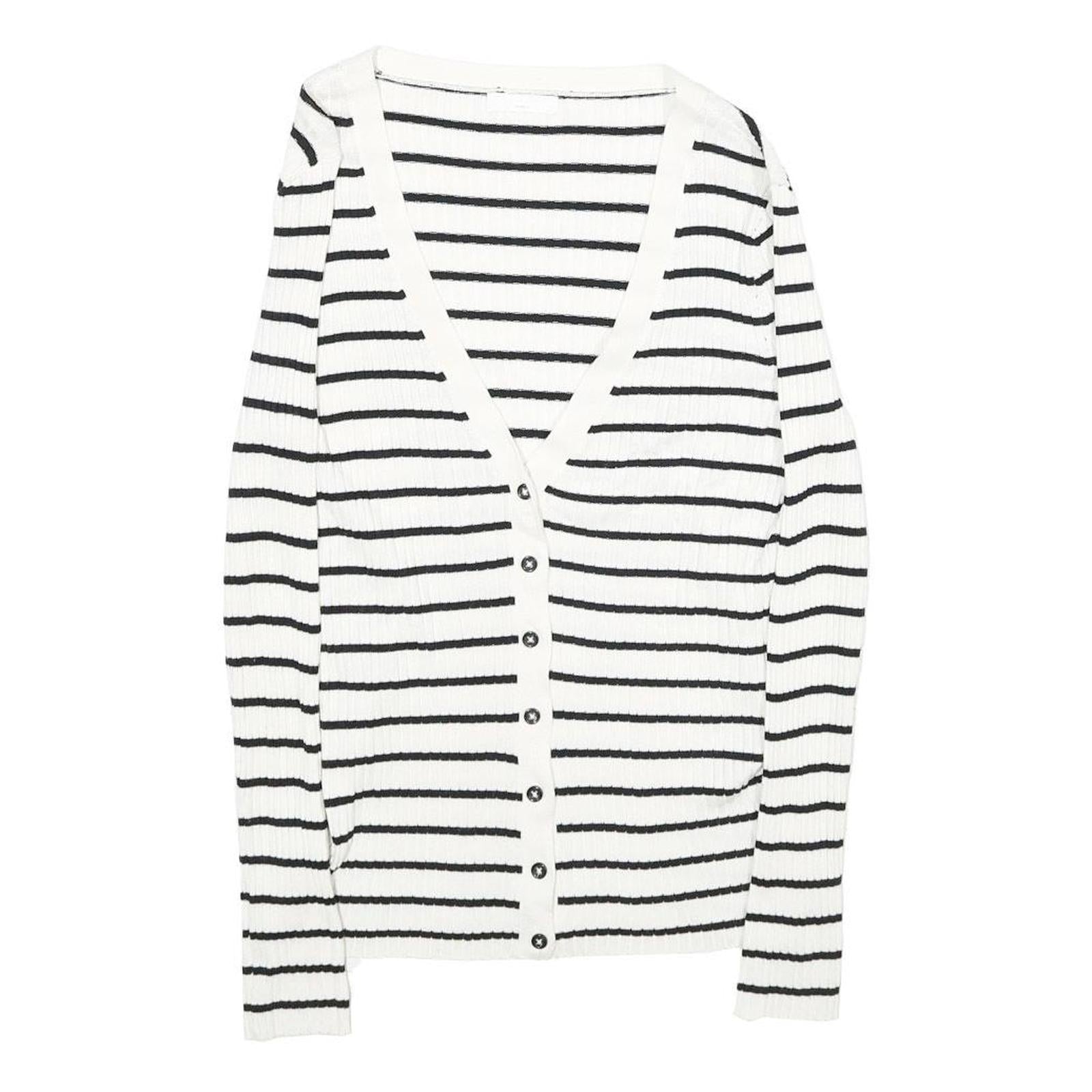 H&M Womens White & Black Striped Patterned Button Up Cardigan V-Neck Rib Knit XS Refurbished - N/A refurbished available on Cerqular