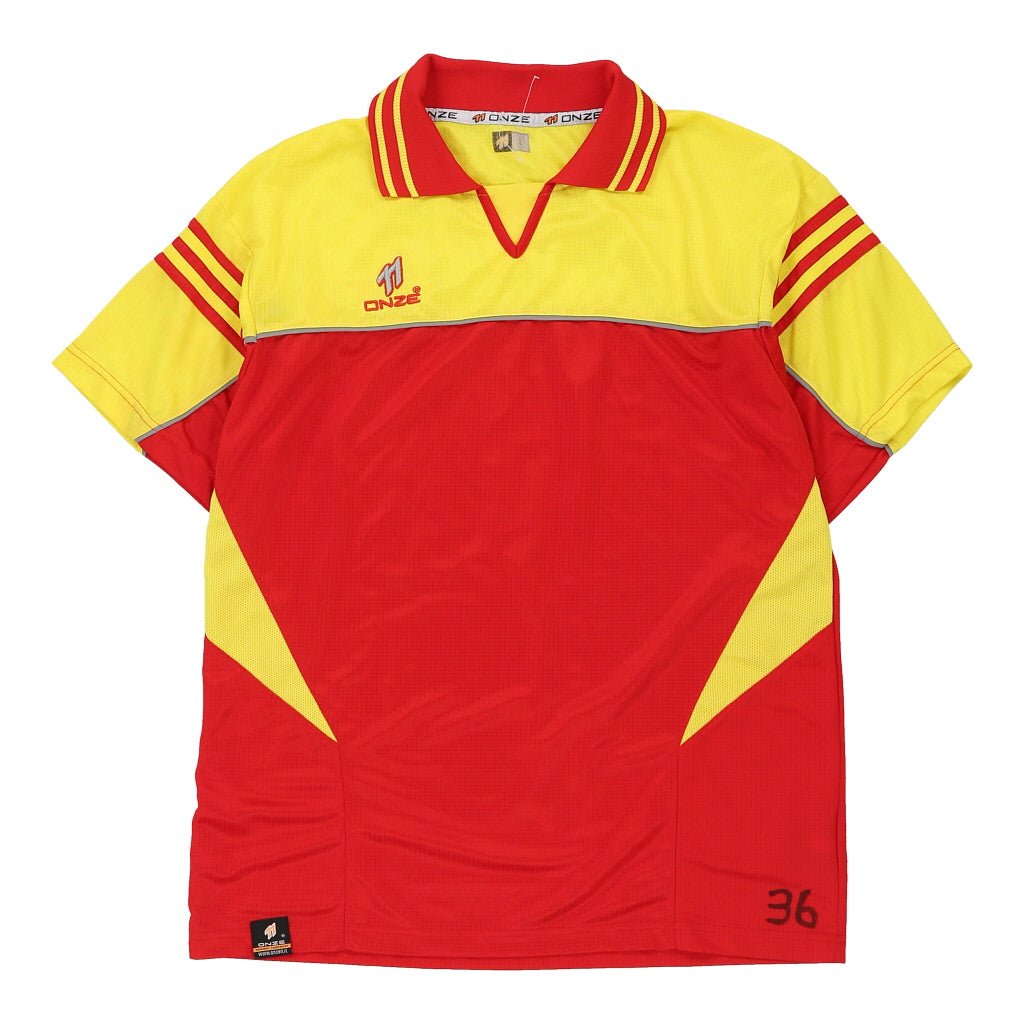 Onzre Football Shirt - Large Red Polyester Refurbished - Thrifted (note: this is a term often used to describe second- refurbished available on Cerqular