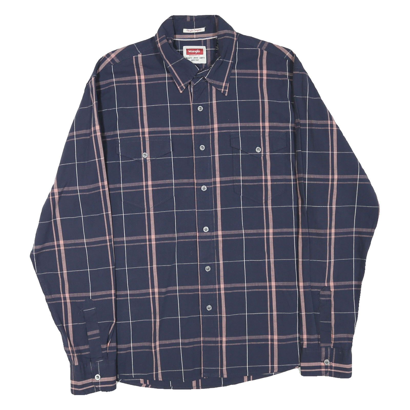 WRANGLER Mens Navy Blue & Pink Check Shirt L Long Sleeve Cotton Blend Casual Refurbished - N/A refurbished available on Cerqular