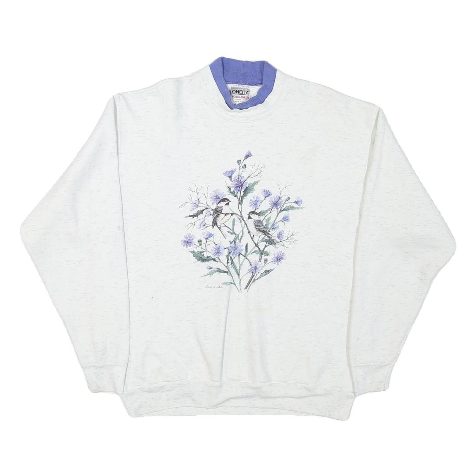 ONITA Womens White Cotton Blend Crew Neck XL Floral Birds Sweatshirt Pullover Refurbished - N/A refurbished available on Cerqular