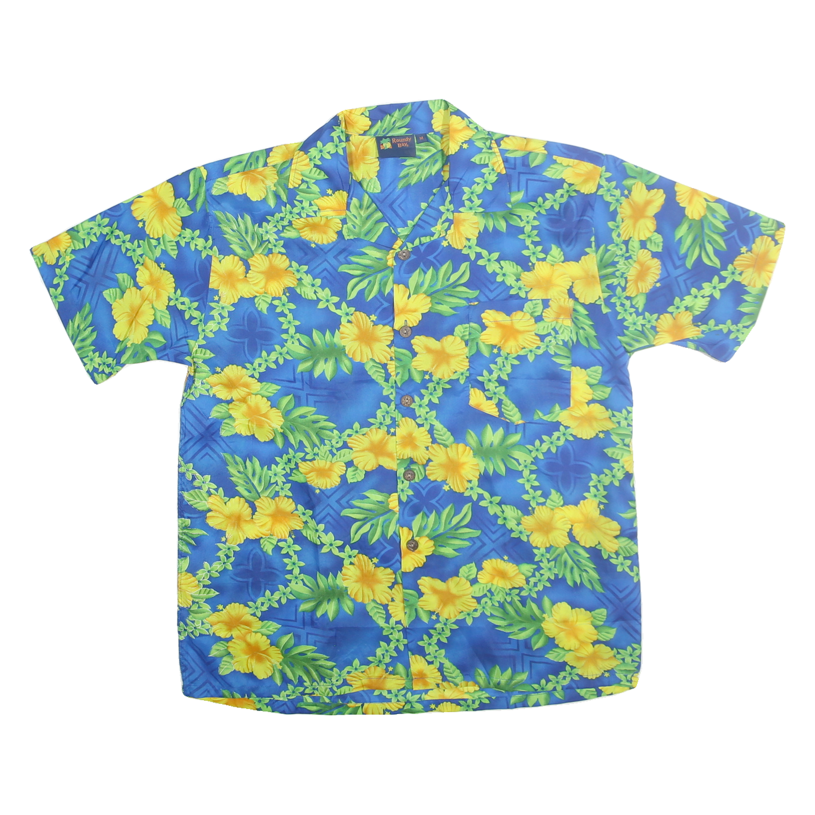 ROUNDY BAY Mens Blue & Yellow Hawaiian Shirt M Summer Vacation Beach Casual Refurbished - N/A refurbished available on Cerqular