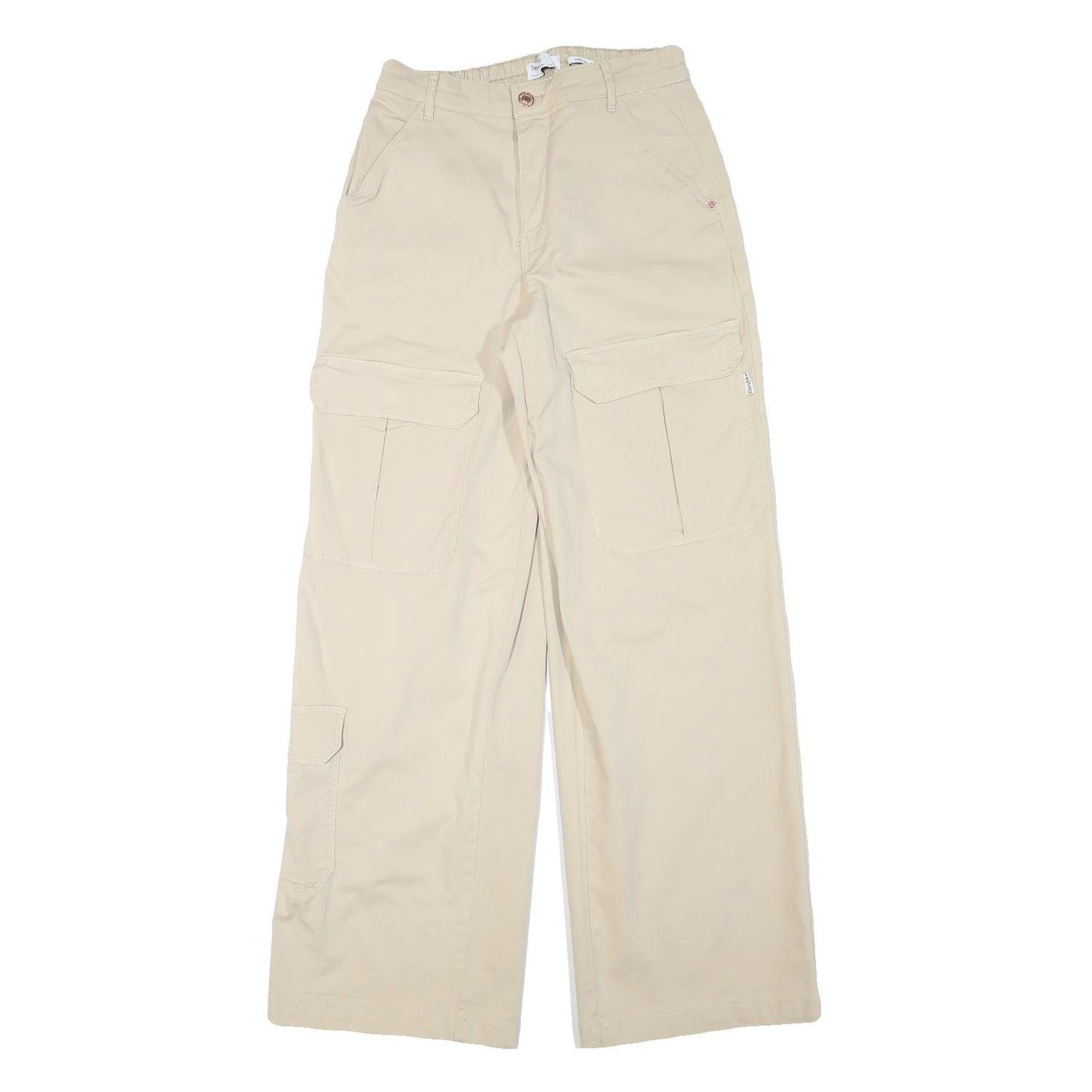 BERSHKA Womens Beige Relaxed Wide-Leg Trousers W26 L30 Casual Cotton Blend Zip Refurbished - N/A refurbished available on Cerqular