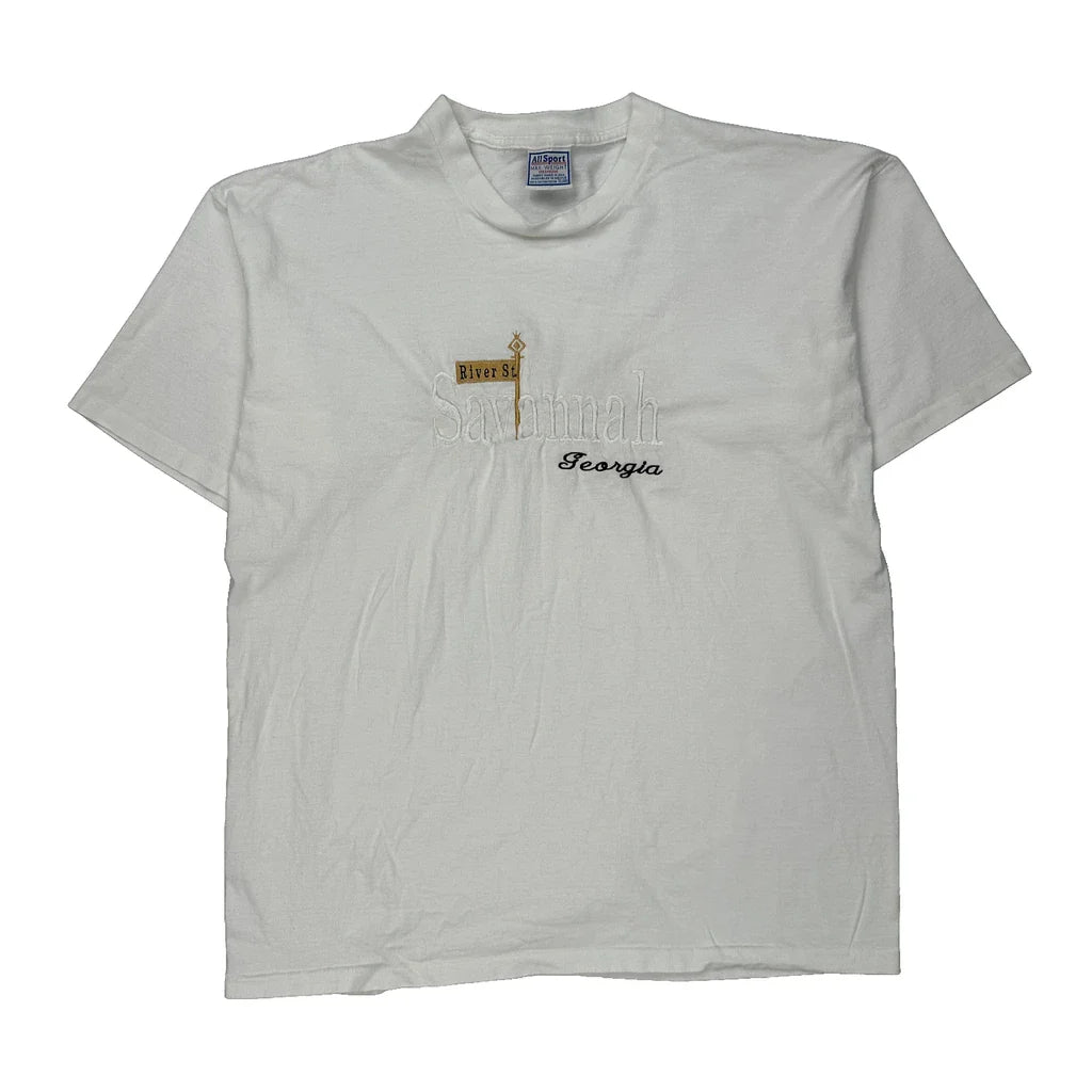 Savannah Georgia All Sport Graphic T-Shirt - XL White Cotton Refurbished - Thrifted (note: this is a term often used to describe second- refurbished available on Cerqular