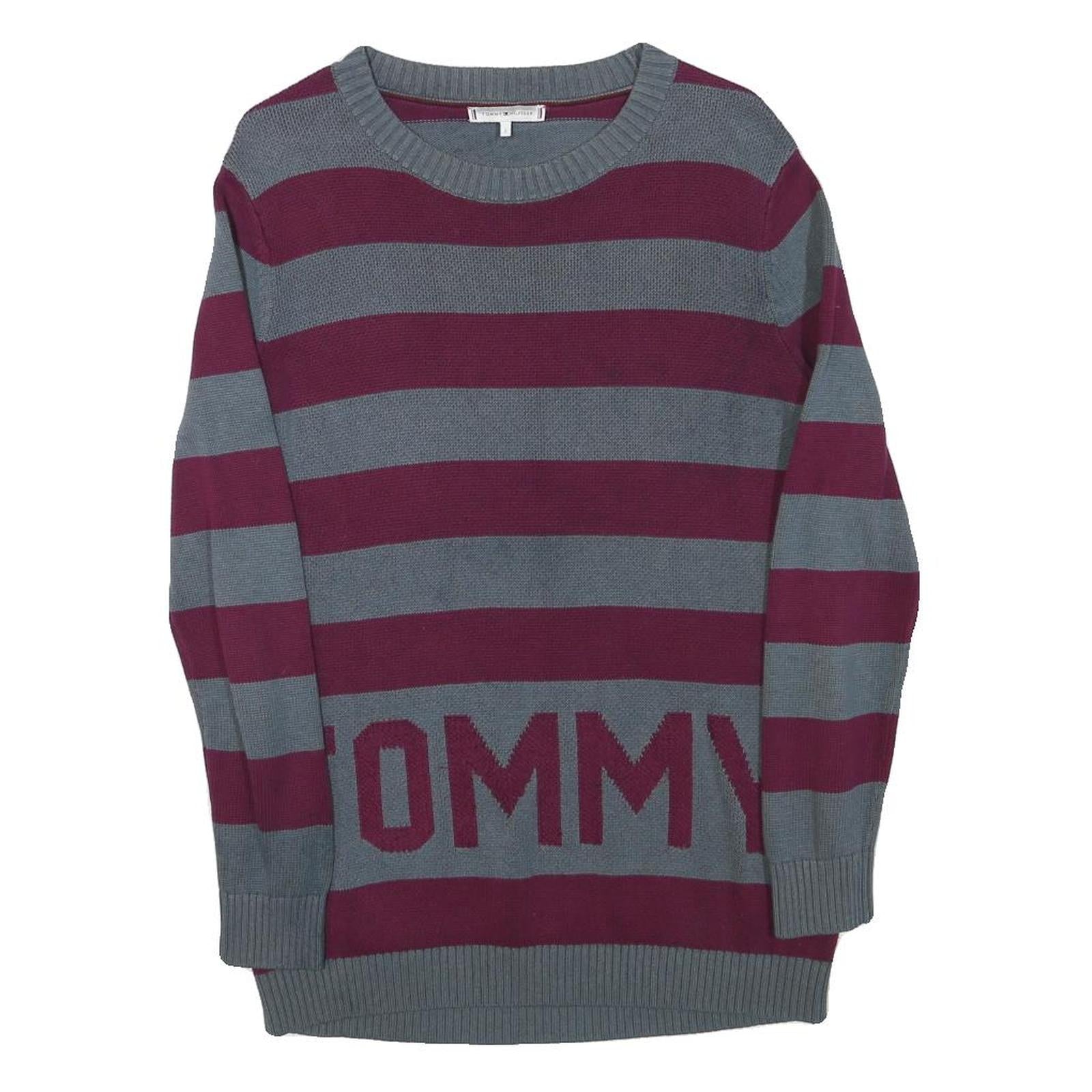 TOMMY HILFIGER Womens Grey & Maroon Striped Pattern Cotton Blend Jumper Crew Refurbished - N/A refurbished available on Cerqular