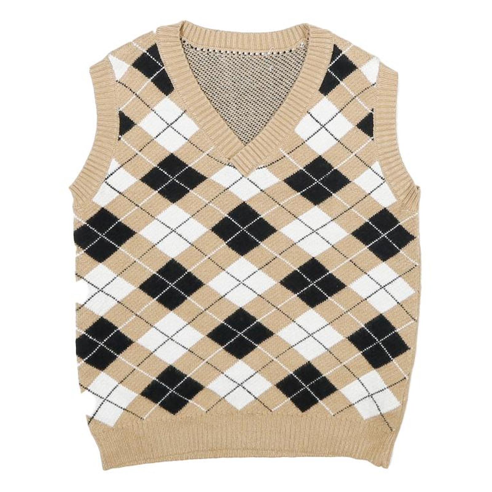 Womens Beige & Black Argyle V-Neck Jumper Patterned Knit XXS Sleeveless Vest Refurbished - N/A refurbished available on Cerqular