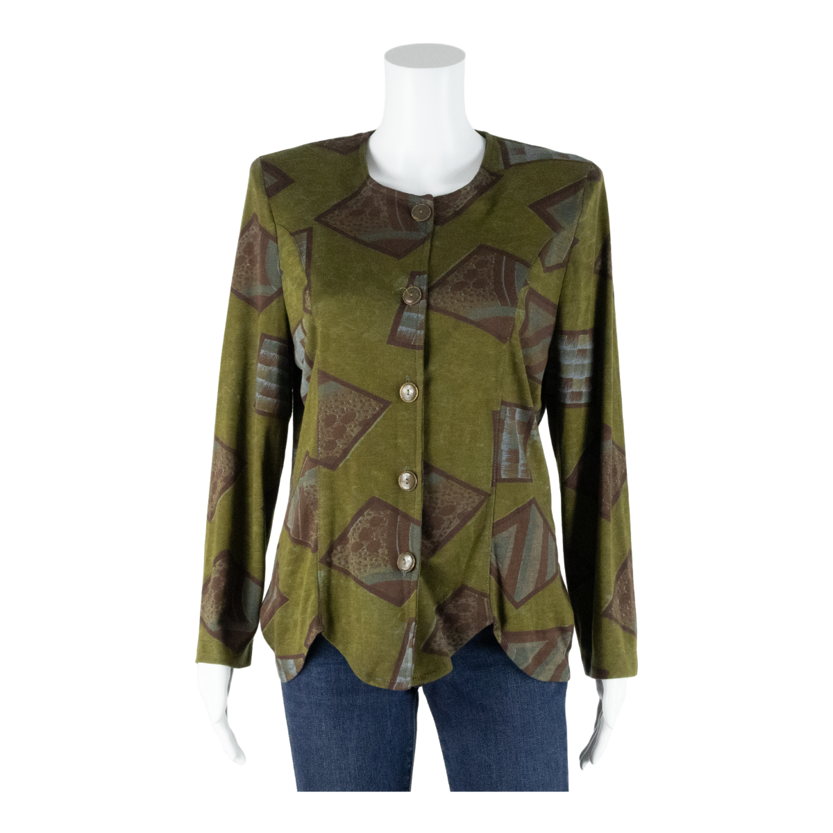 Stretch Button Up Womens Printed Shirt Green 90s Crazy Pattern M Refurbished - N/A refurbished available on Cerqular