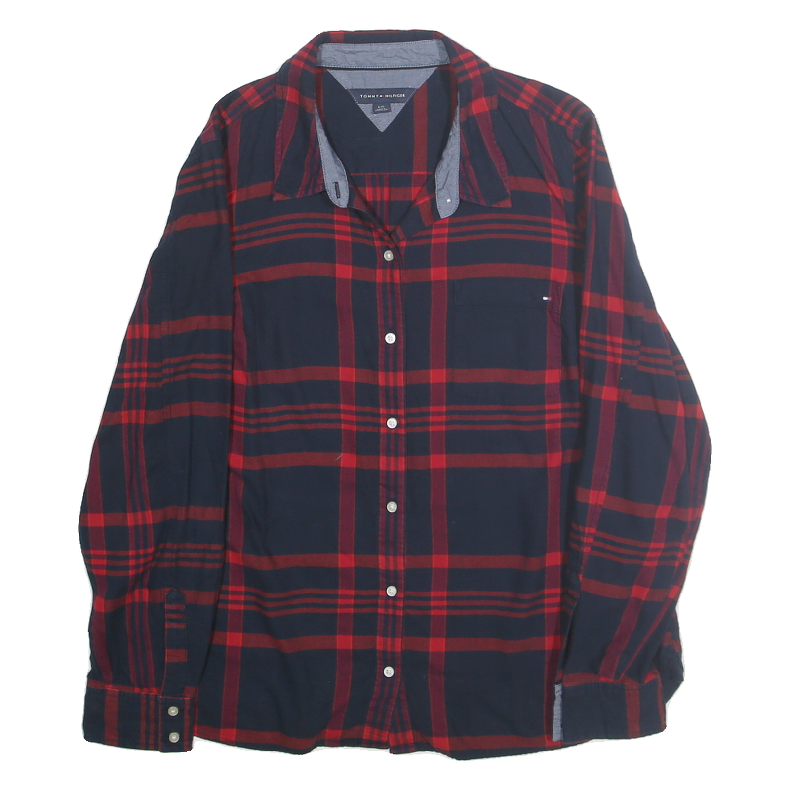 TOMMY HILFIGER Womens Navy & Red Check Shirt L Cotton Long Sleeve Button Up Refurbished - N/A refurbished available on Cerqular