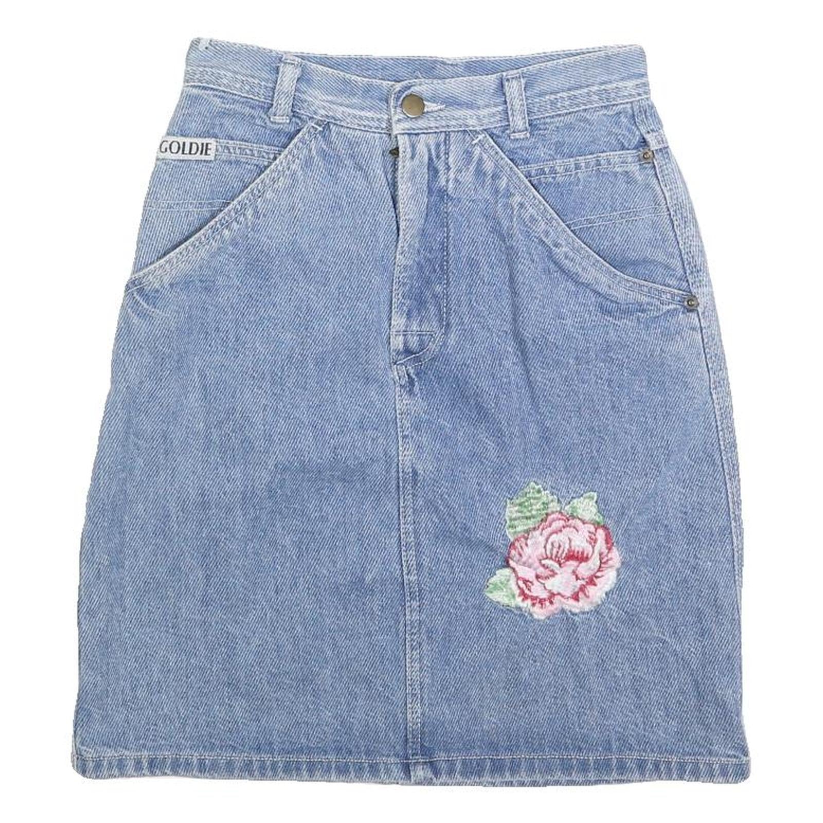 GOLDIE Womens Blue Denim Floral Embroidered Mini Skirt Cotton Blend XS Refurbished - N/A refurbished available on Cerqular