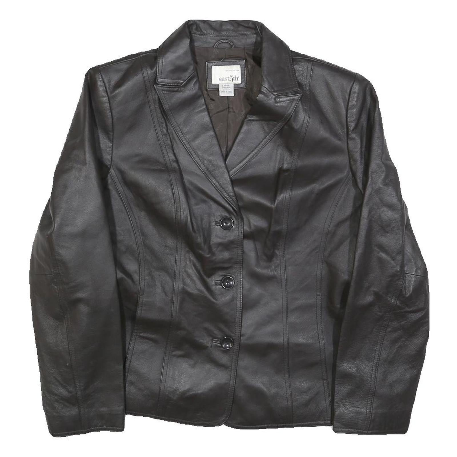 EAST5TH Womens Black Leather Button Jacket L Plain Stylish Classic Refurbished - N/A refurbished available on Cerqular
