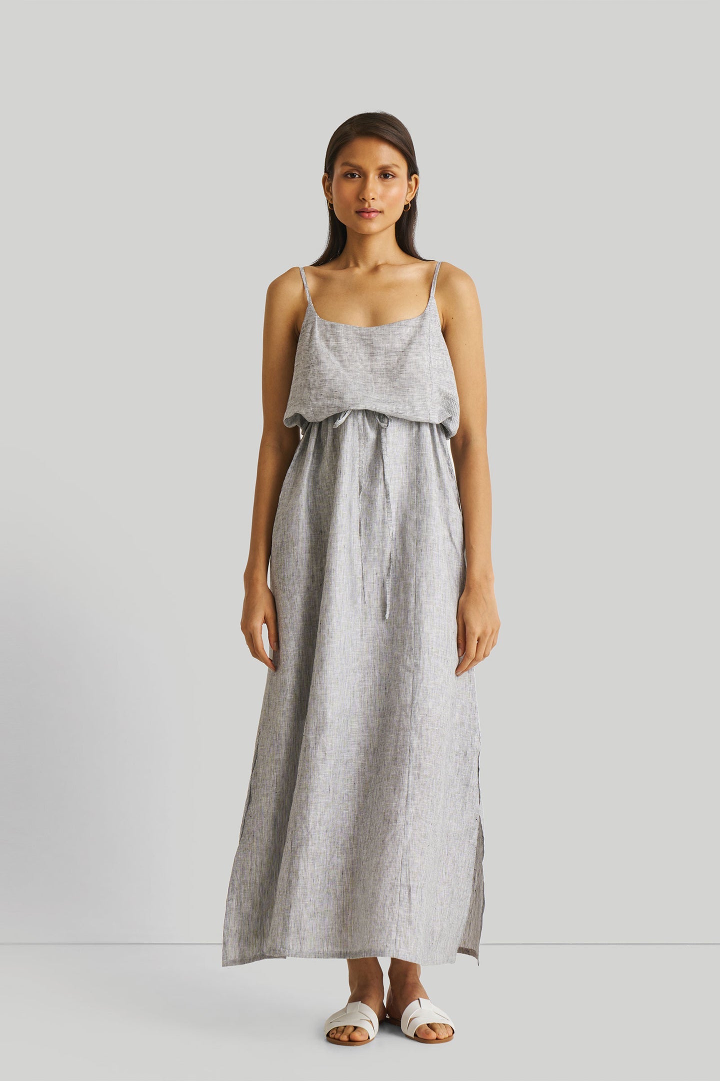 Strappy Pin Striped Maxi Dress | Color: Pin-striped Linen | Size: S Refurbished - Resistor (Note: This is a generic term for an electronic component, refurbished available on Cerqular