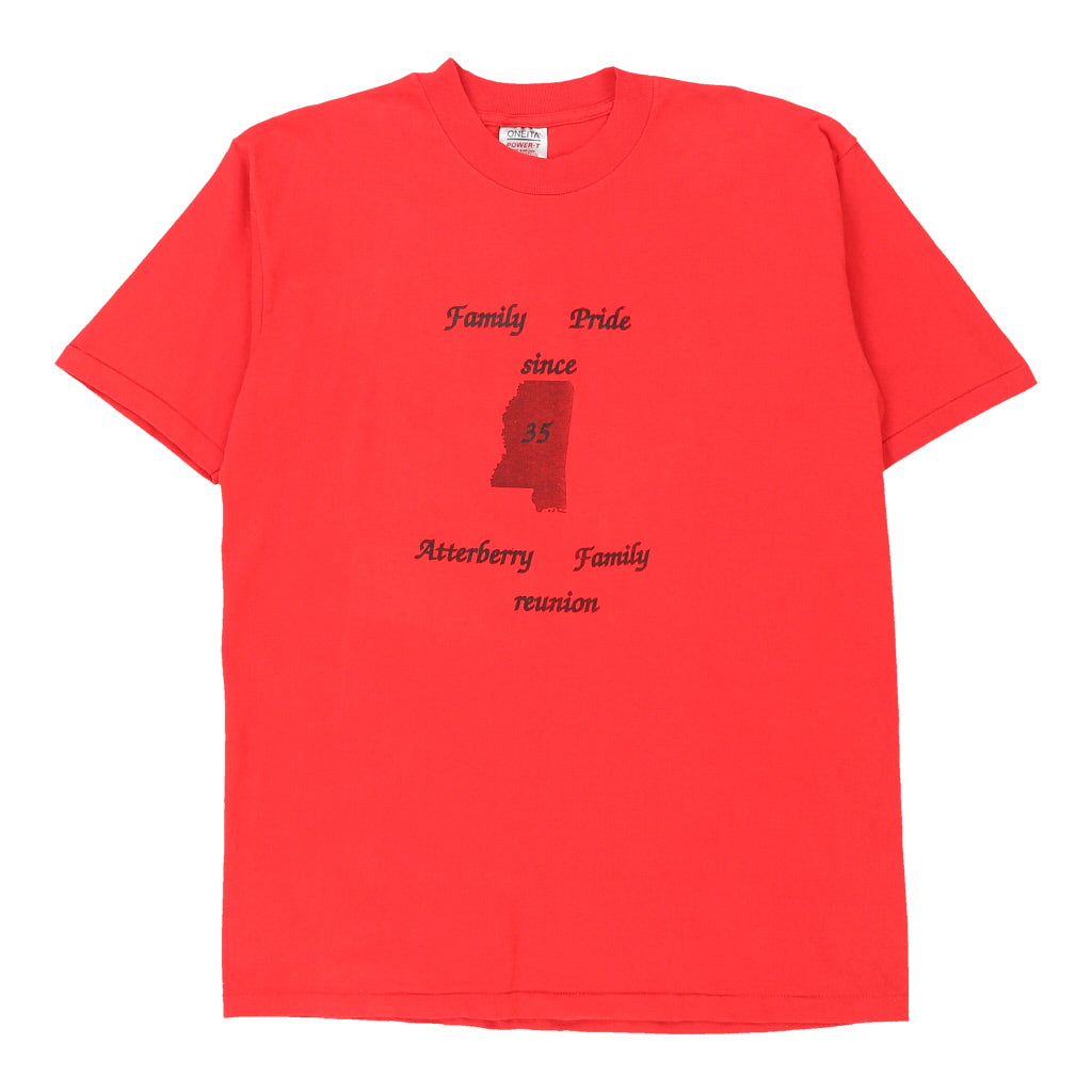 Single Stitch Atterberry Family Reunion. Oneita Graphic T-Shirt - XL Red Cotton Refurbished - Thrifted (note: this is a term often used to describe second- refurbished available on Cerqular
