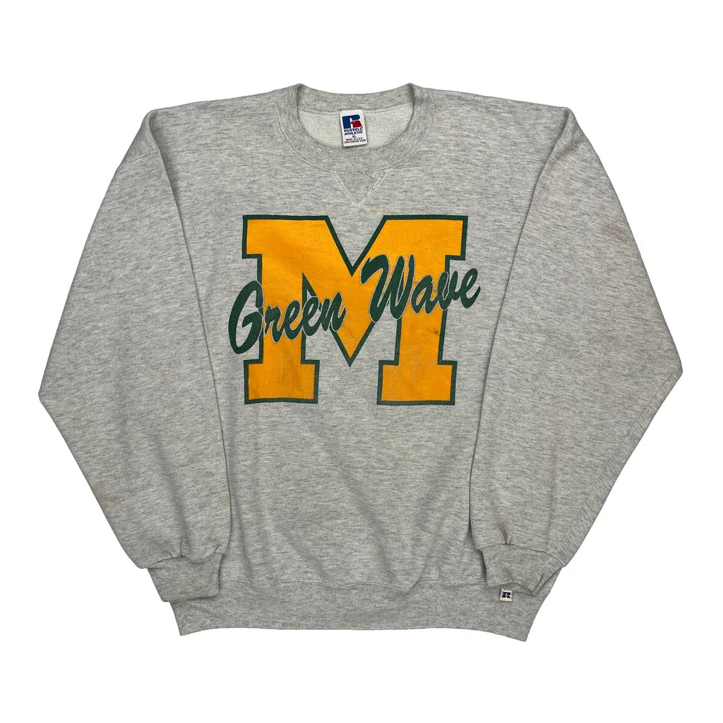 Green Wave Russell Athletic College Sweatshirt - XL Grey Cotton Blend Refurbished - Thrifted (note: this is a term often used to describe second- refurbished available on Cerqular