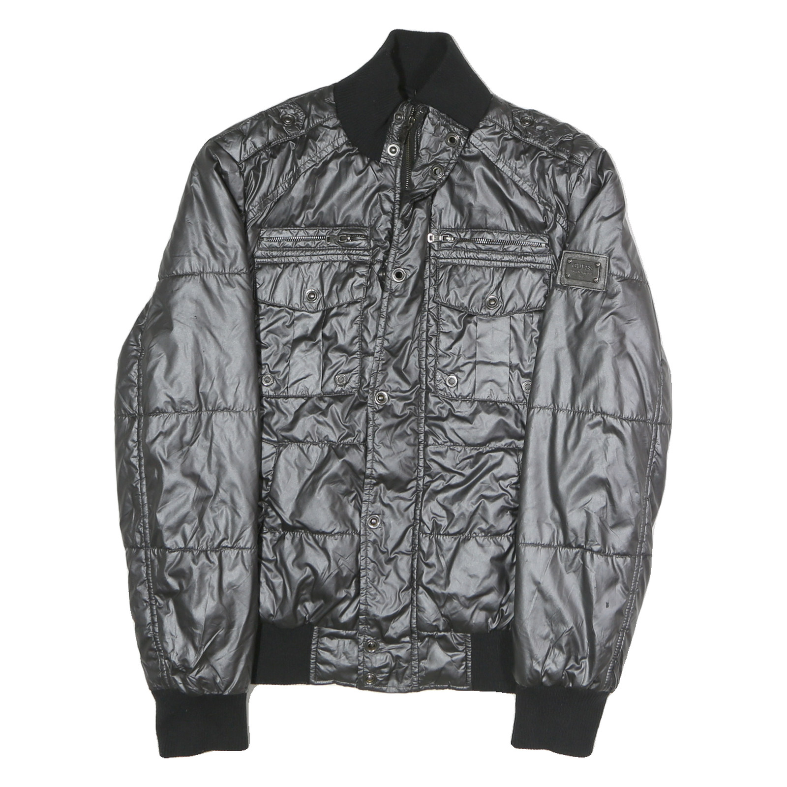 GUESS Mens Black Polyester Blend Zip Bomber Jacket M Shiny Padded Quilted Refurbished - N/A refurbished available on Cerqular
