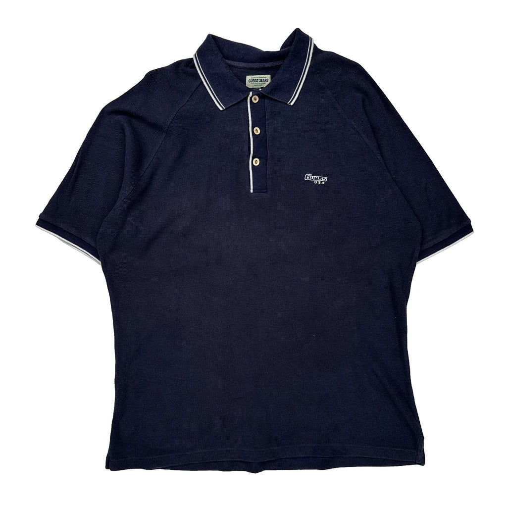 Made In USA Guess Polo Shirt - Large Navy Cotton Refurbished - Thrifted (note: this is a term often used to describe second- refurbished available on Cerqular
