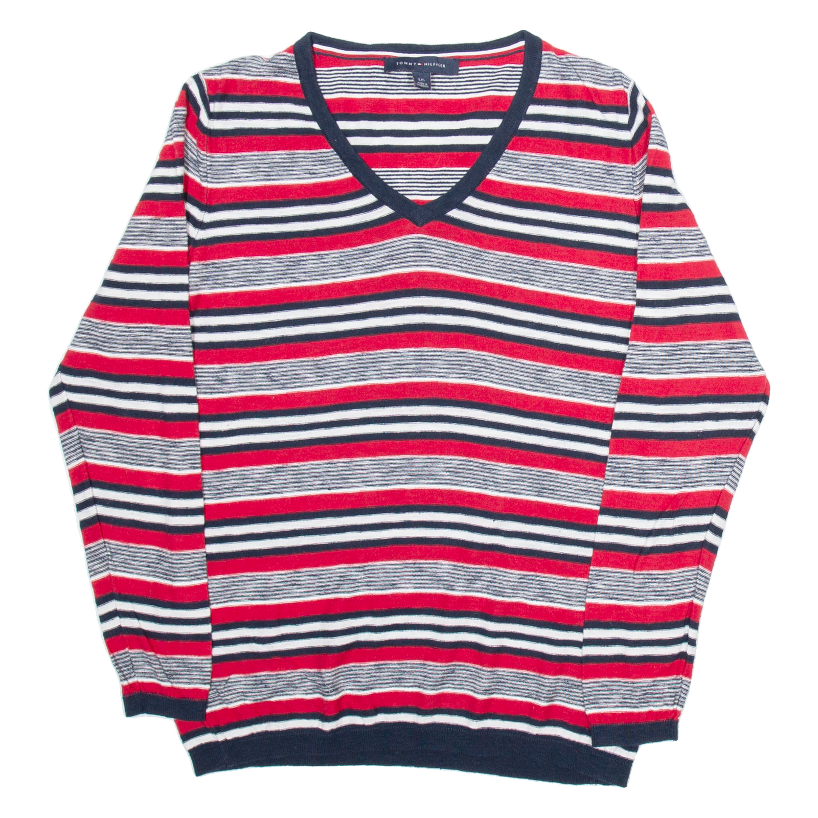 TOMMY HILFIGER Womens Patterned Jumper Red Striped V-Neck Tight Knit L Refurbished - N/A refurbished available on Cerqular