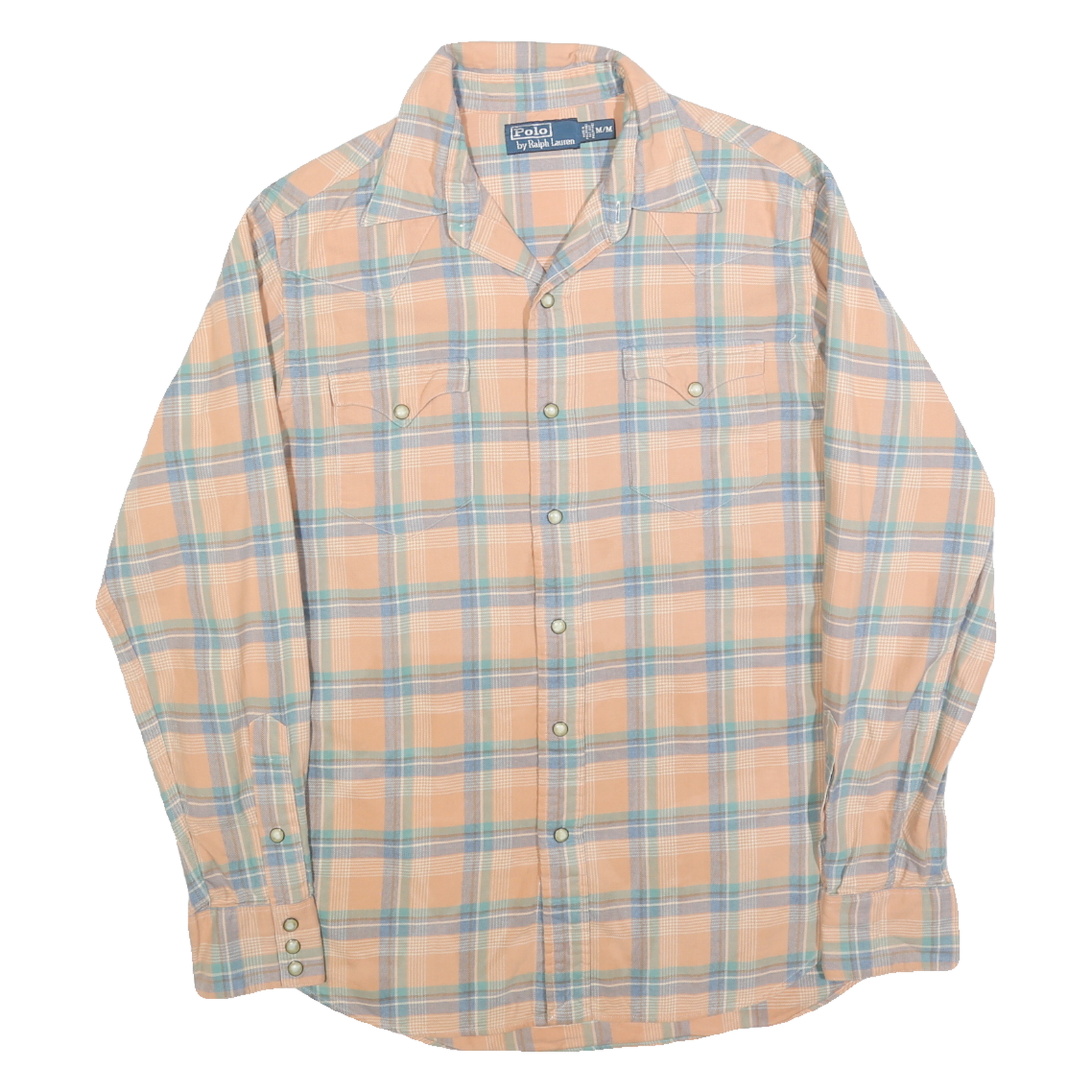 POLO RALPH LAUREN Mens Peach & Blue Check Shirt M Casual Cotton Blend Long Refurbished - N/A refurbished available on Cerqular